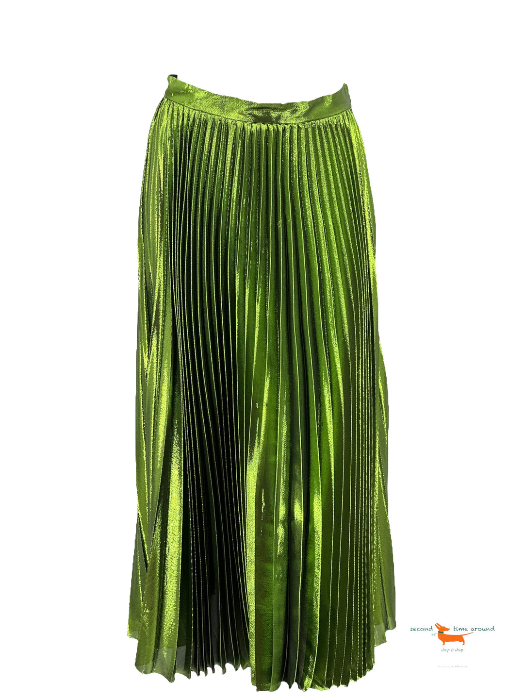 Gucci Green Metallic Plisse Silk Pleated Midi Skirt