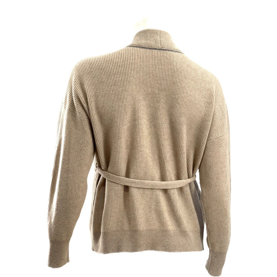 Brunello Cucinelli Double Layer Belted Ribbed Cashmere Cardigan Camel