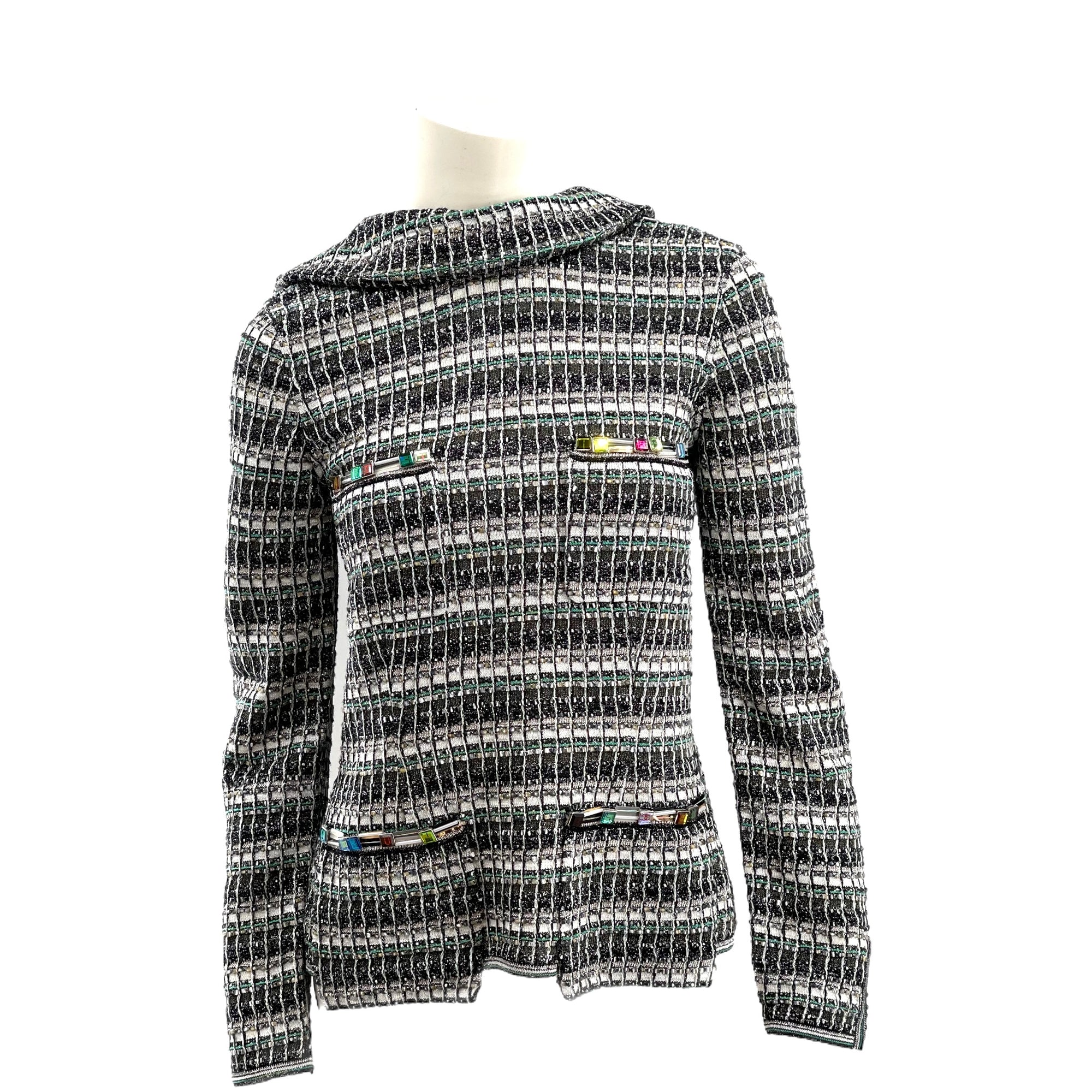 Chanel Monochrome Silk Blend Crystal Embellished Plunge Back Tweed Blazer