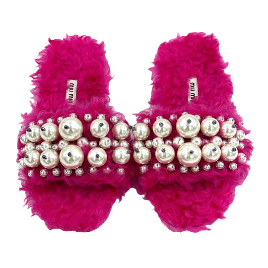 Miu Miu Pink Faux Pearl Embellished Fur Slide Sandals