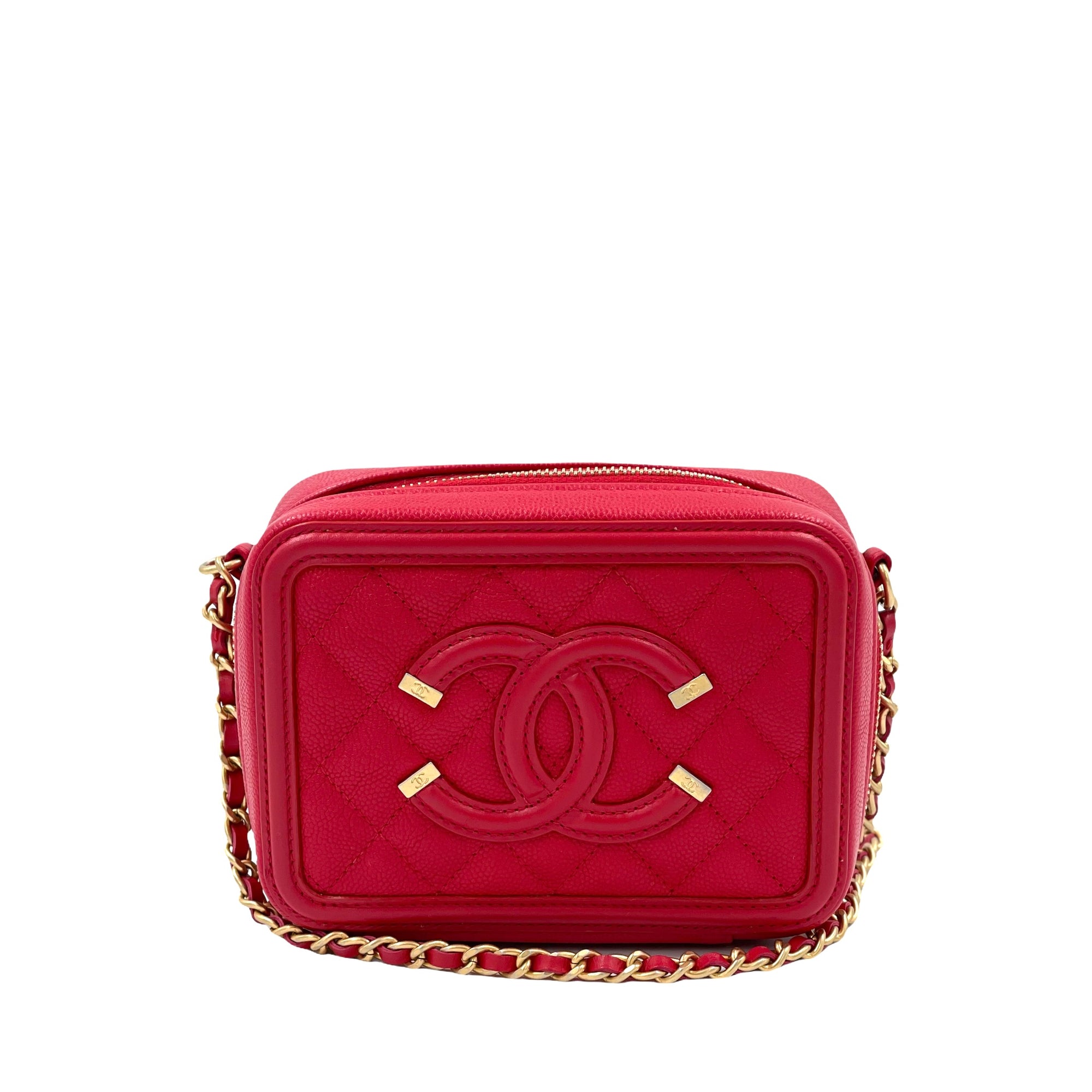 Chanel Filigree Vanity Clutch With Chain Quilted Caviar Gold-tone Red