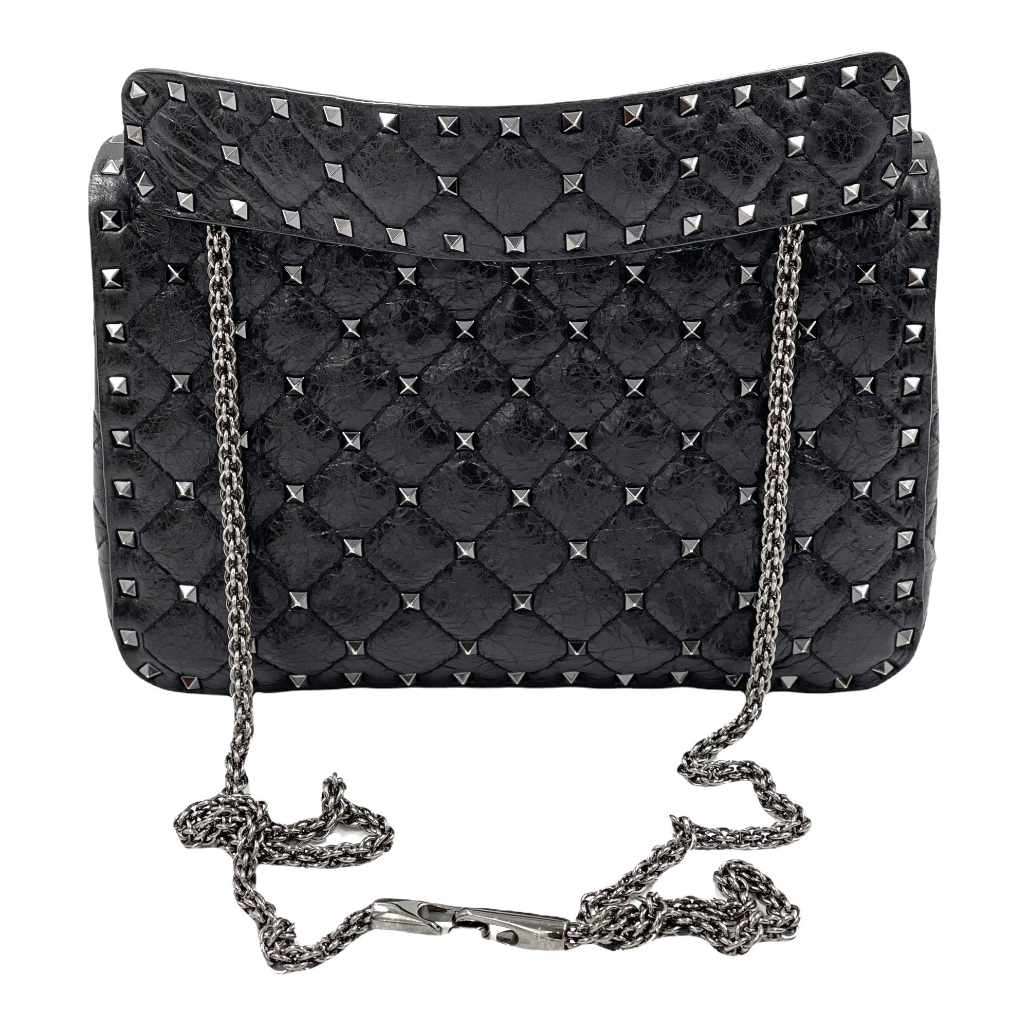 Valentino Craquele Nappa Medium Rockstud Spike Shoulder Bag Black