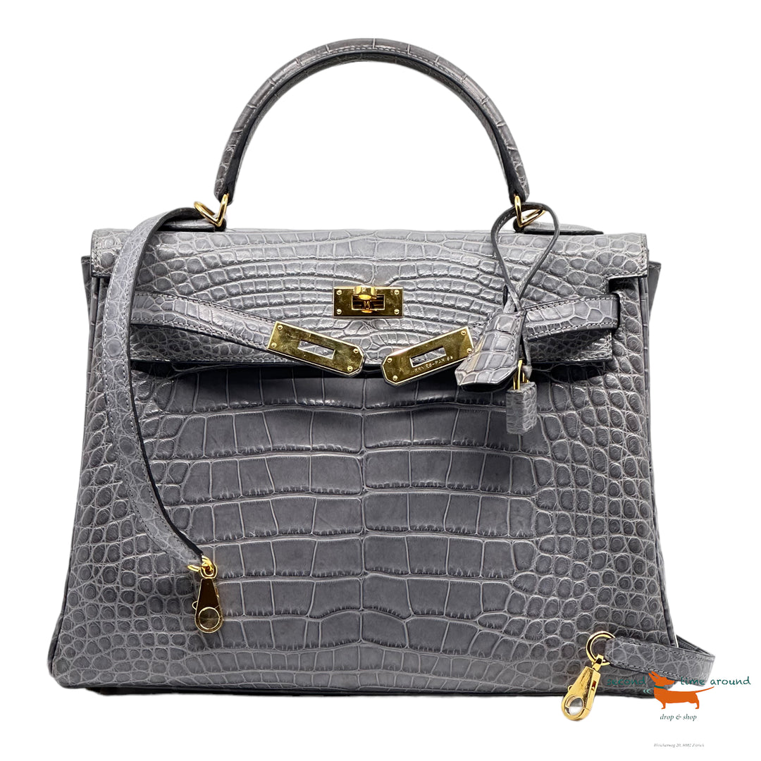 Hermes Kelly II Retourne 32 Gris Paris Crocodile Bag