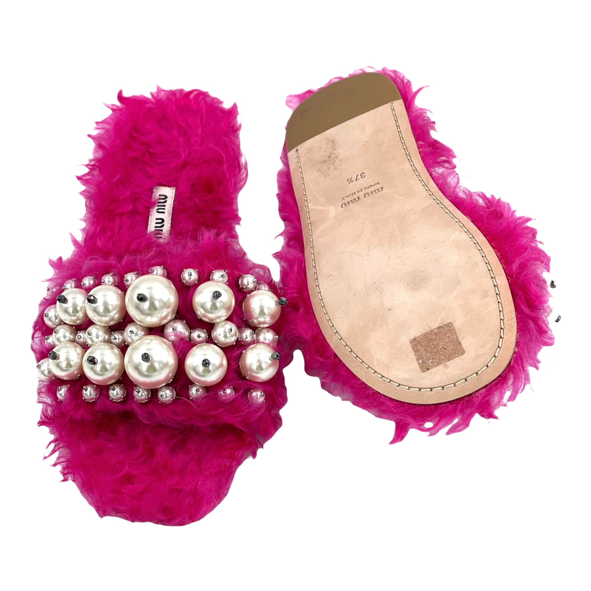 Miu Miu Pink Faux Pearl Embellished Fur Slide Sandals