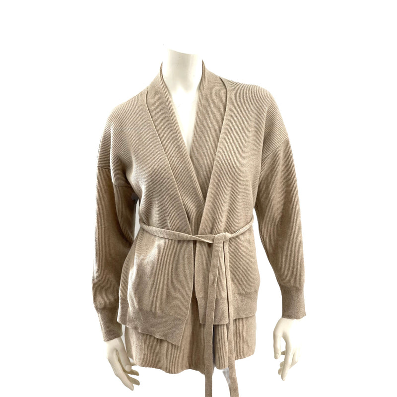 Brunello Cucinelli Double Layer Belted Ribbed Cashmere Cardigan Camel
