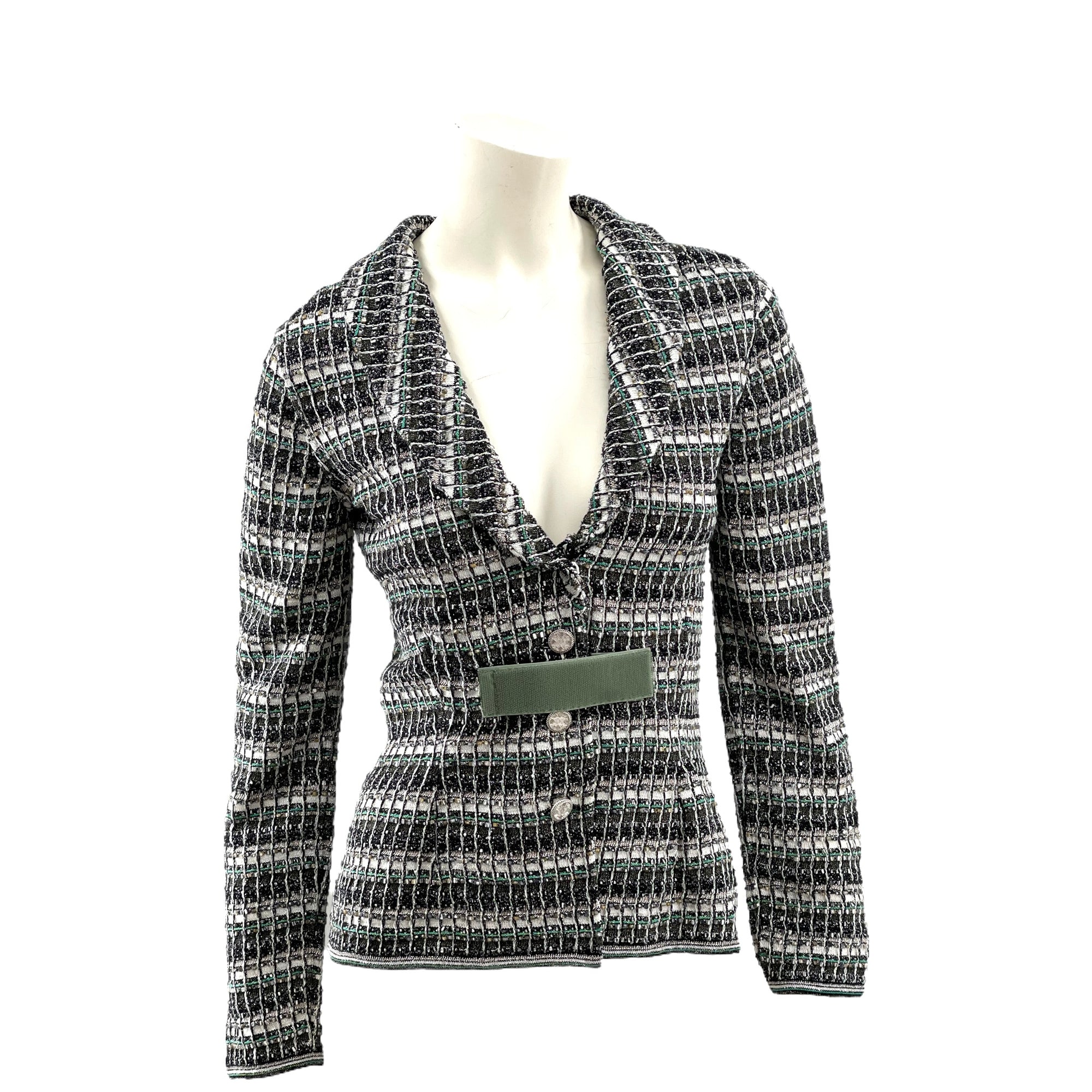 Chanel Monochrome Silk Blend Crystal Embellished Plunge Back Tweed Blazer