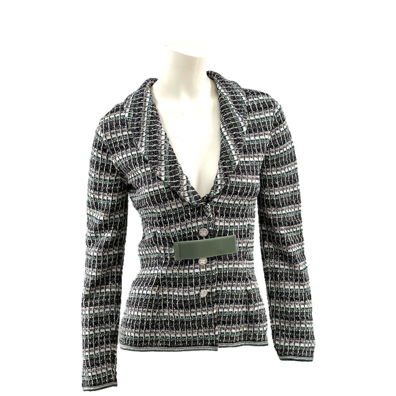Chanel Monochrome Silk Blend Crystal Embellished Plunge Back Tweed Blazer