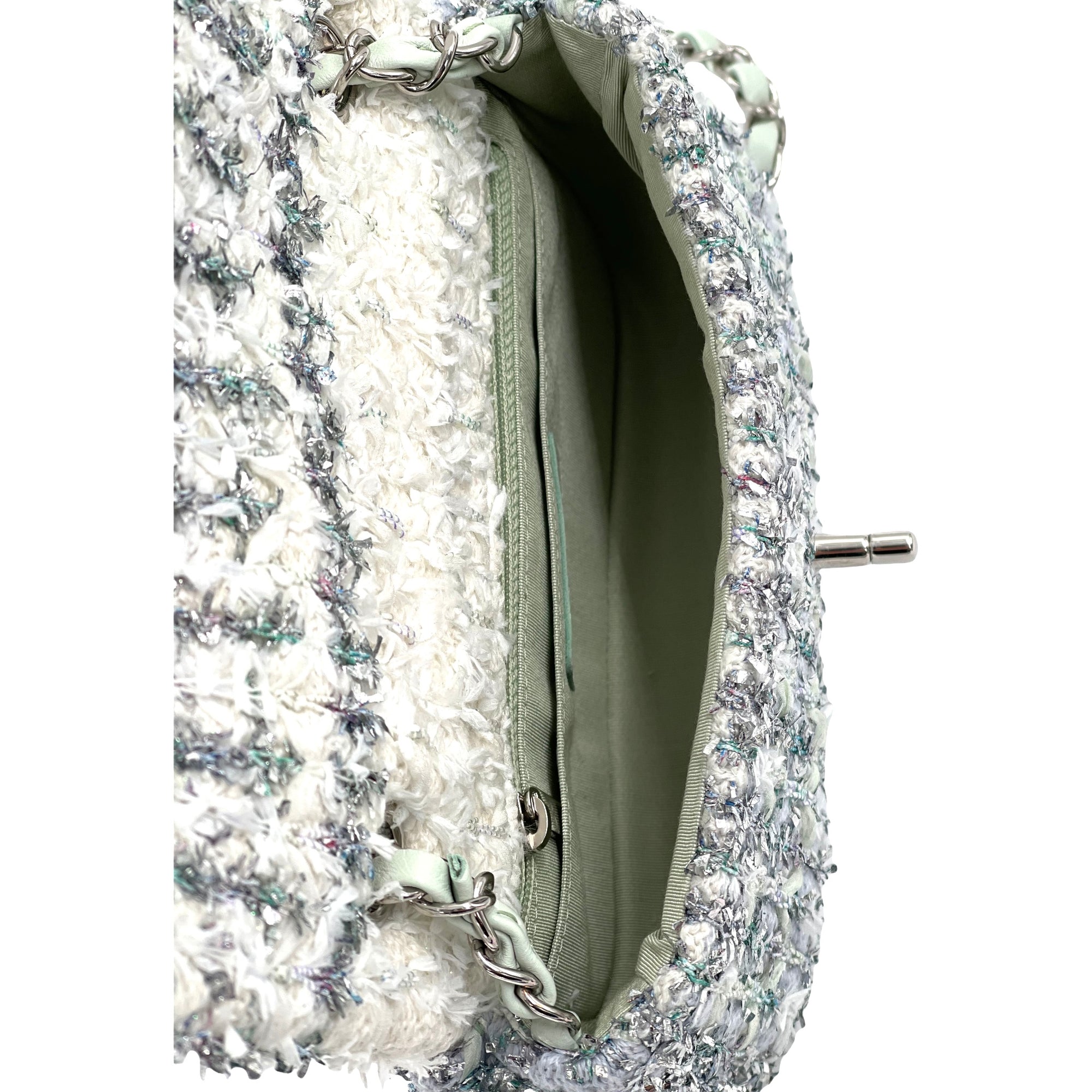 Chanel Classic Flap  Single Quilted and Ribbon Mini Blue Green Silver Tweed Cross Body Bag
