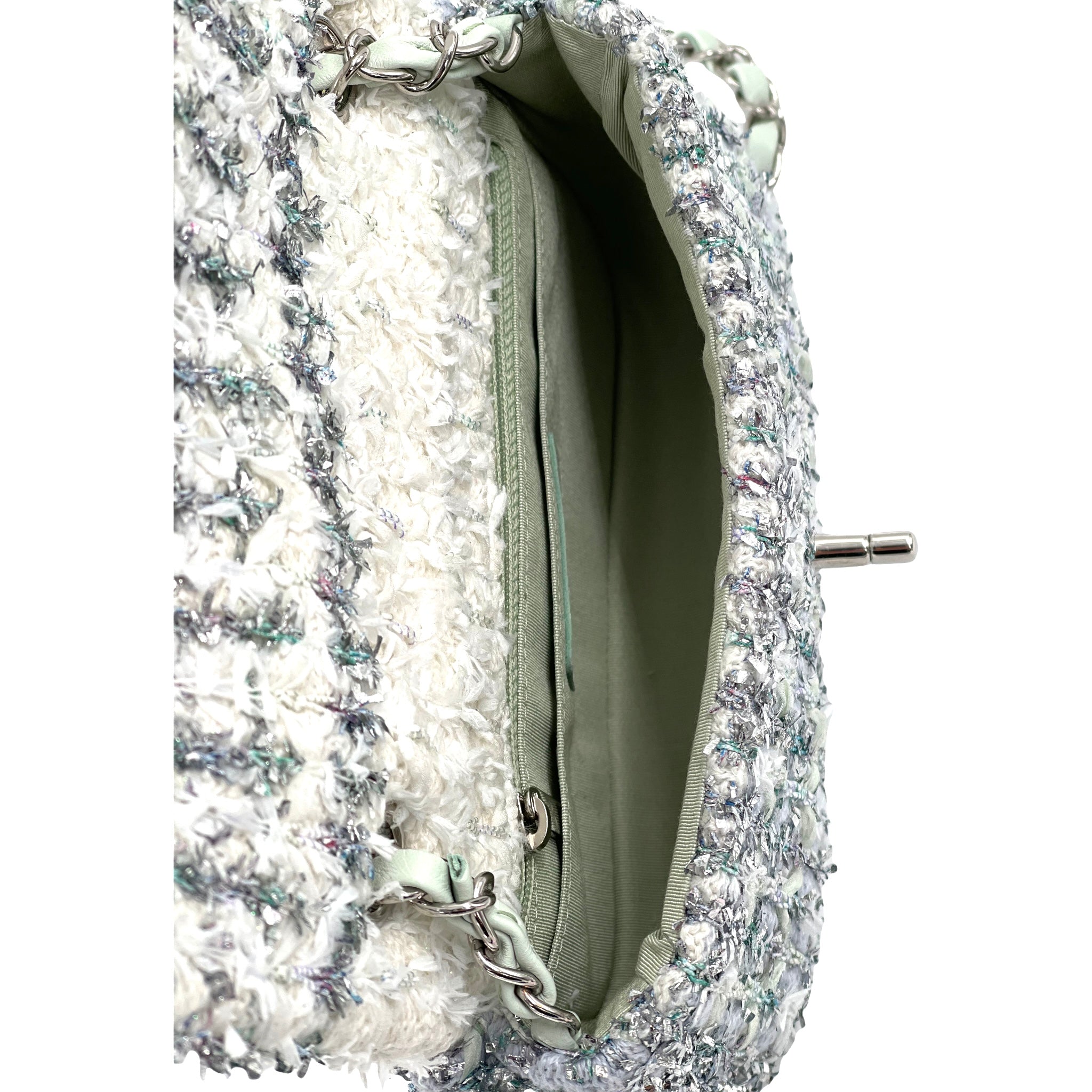 Chanel Classic Flap  Single Quilted and Ribbon Mini Blue Green Silver Tweed Cross Body Bag