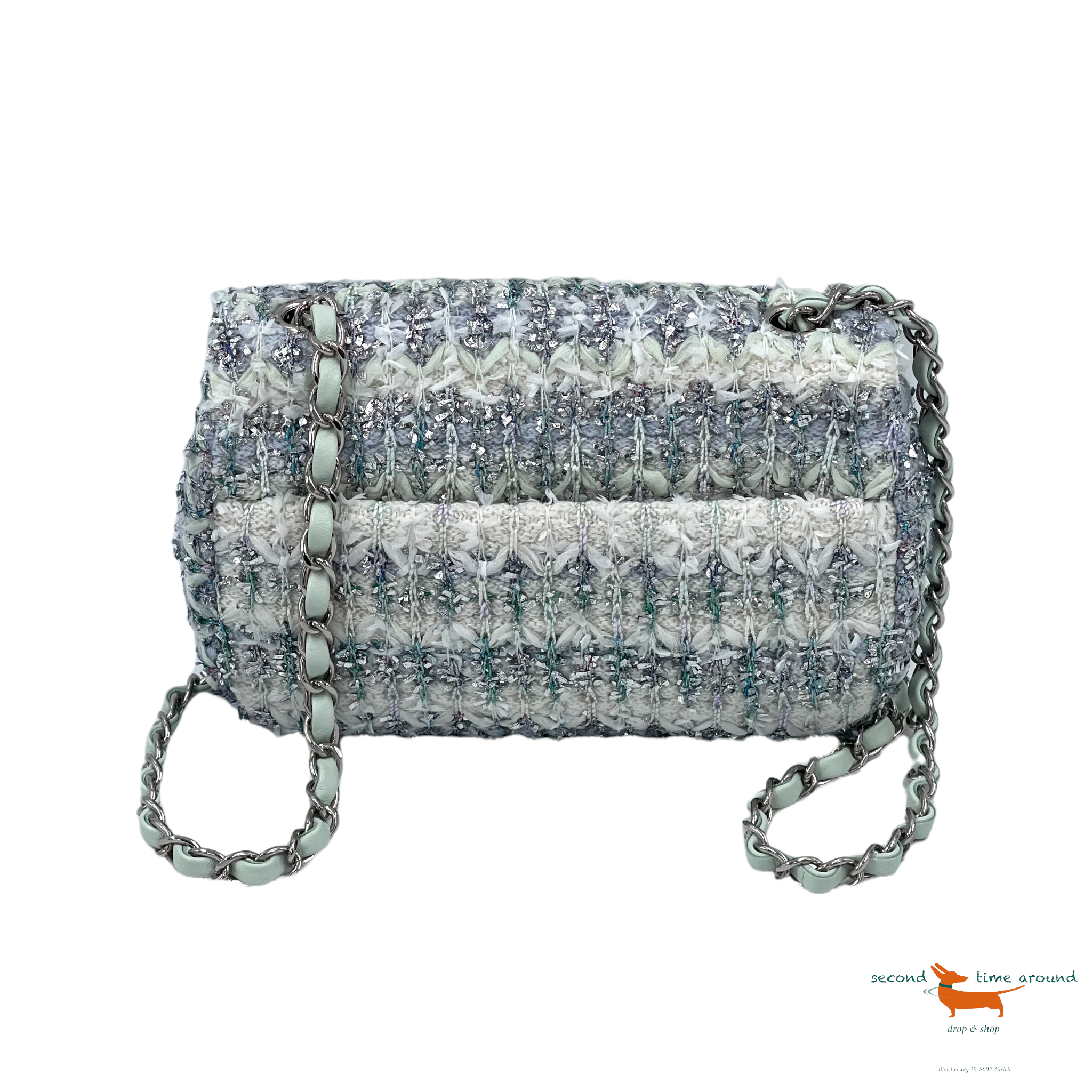 Chanel Classic Flap  Single Quilted and Ribbon Mini Blue Green Silver Tweed Cross Body Bag