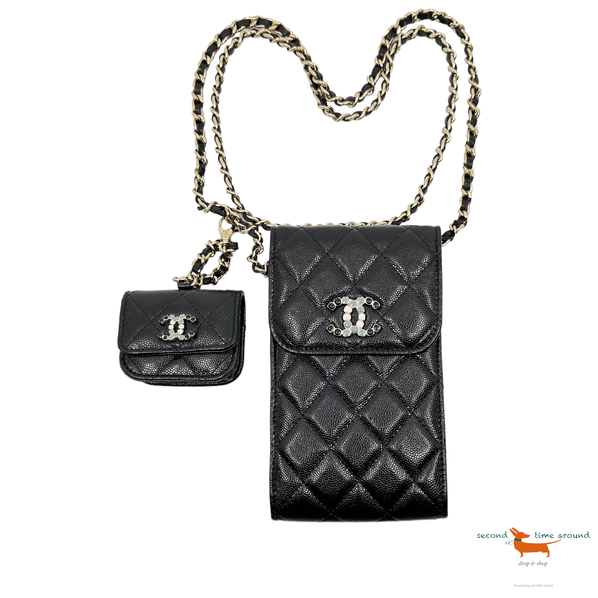 Chanel Caviar Quilted Crystal CC Airpods Pro and Phone Case With Chain –  Second Time Around