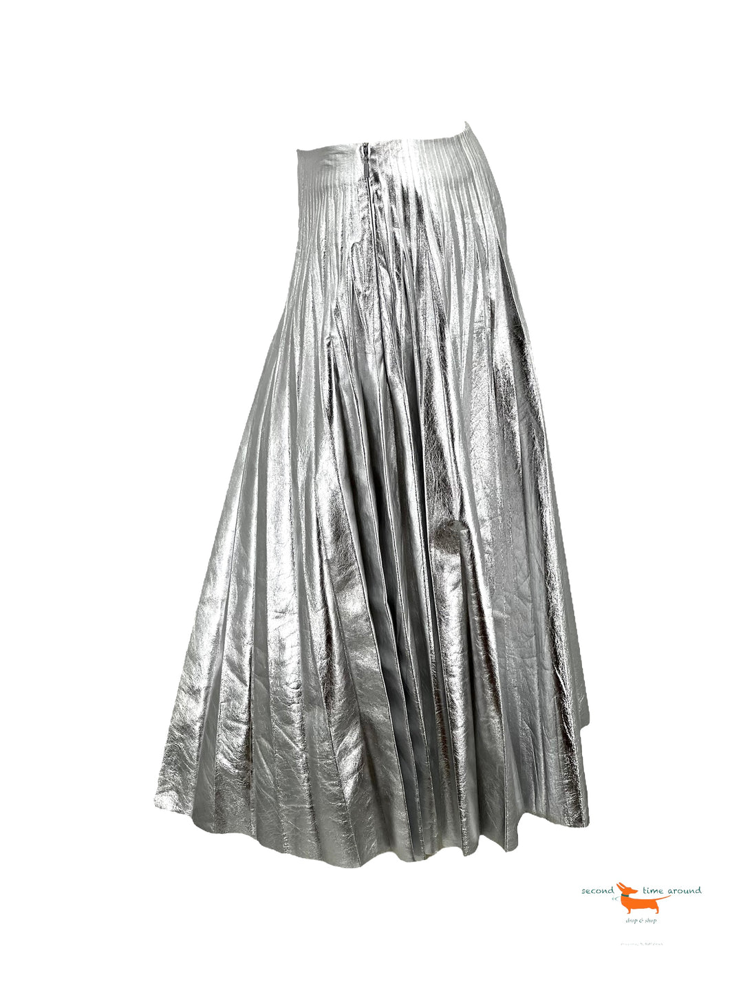 Gucci Silver Metallic Plisse Leather Pleated Midi Skirt