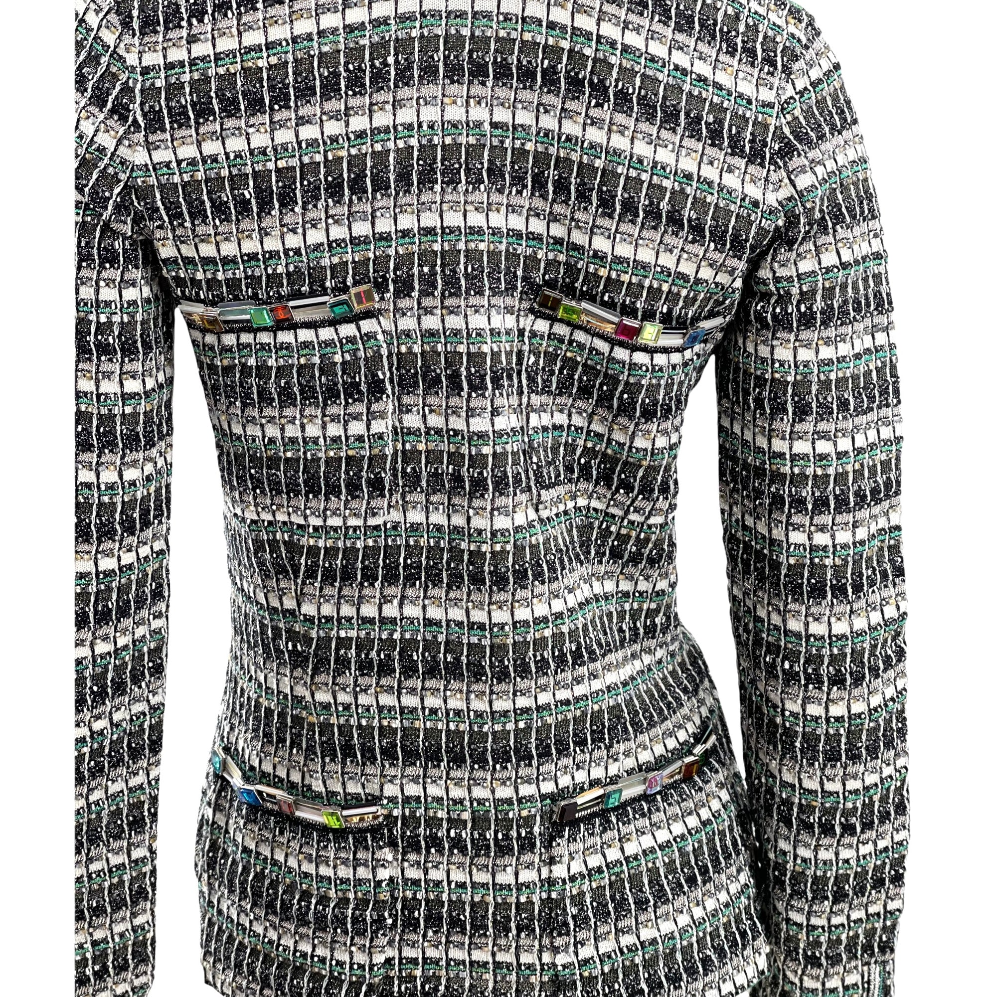 Chanel Monochrome Silk Blend Crystal Embellished Plunge Back Tweed Blazer