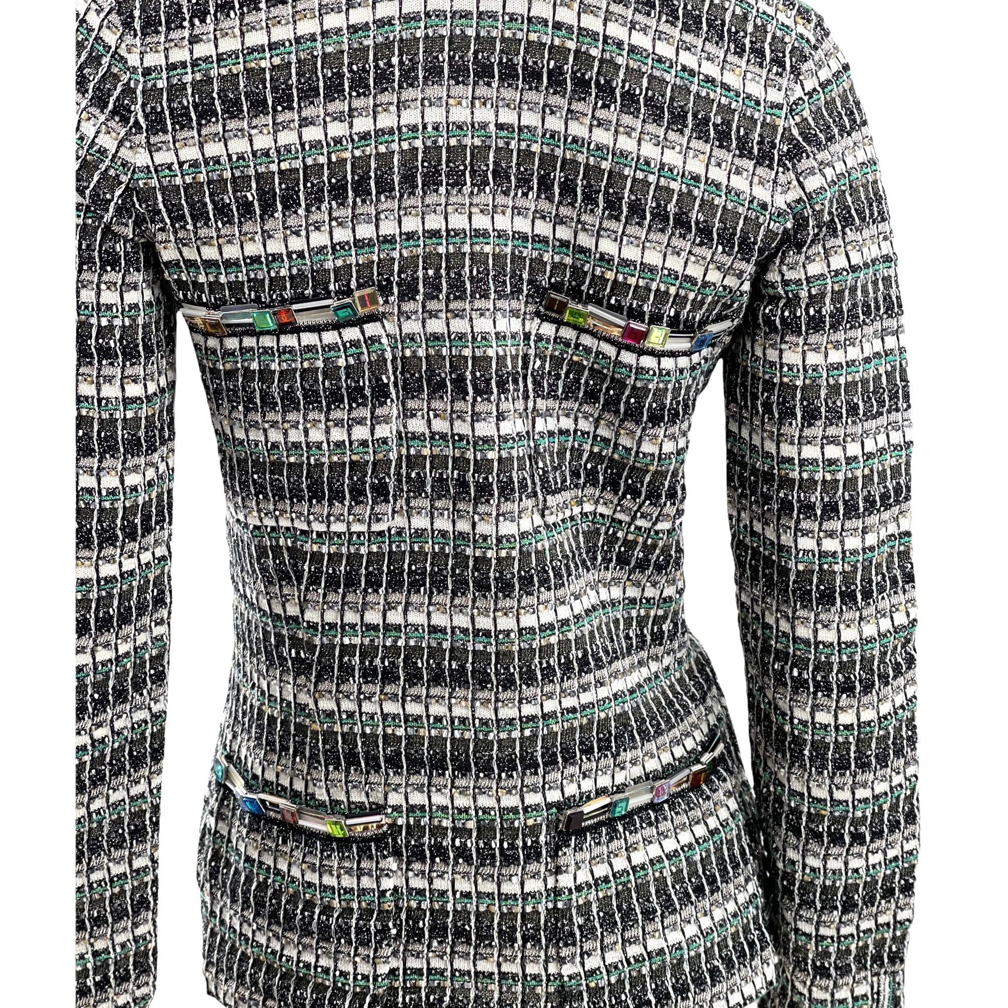 Chanel Monochrome Silk Blend Crystal Embellished Plunge Back Tweed Blazer