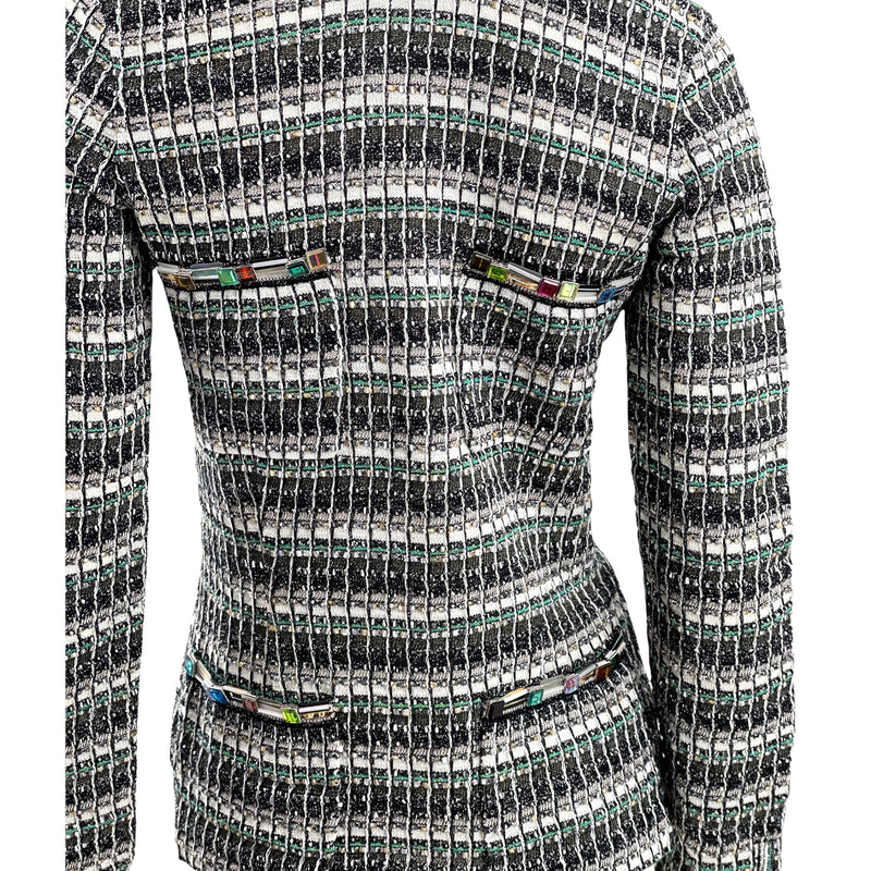 Chanel Monochrome Silk Blend Crystal Embellished Plunge Back Tweed Blazer