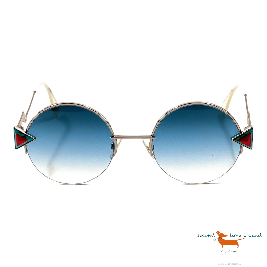 Fendi FF Round Sunglasses Silver Frame Blue Lens 55mm