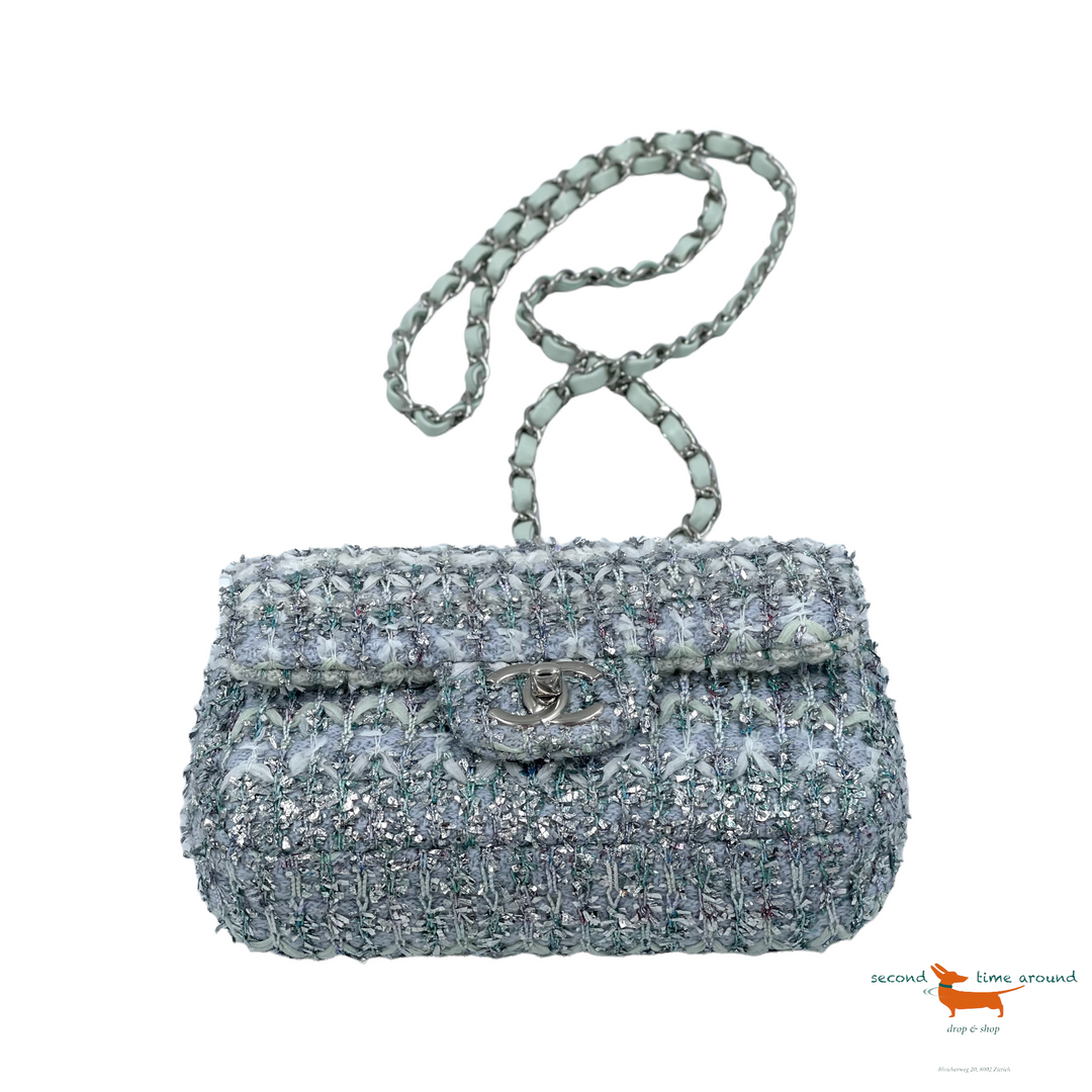 Chanel Classic Flap  Single Quilted and Ribbon Mini Blue Green Silver Tweed Cross Body Bag