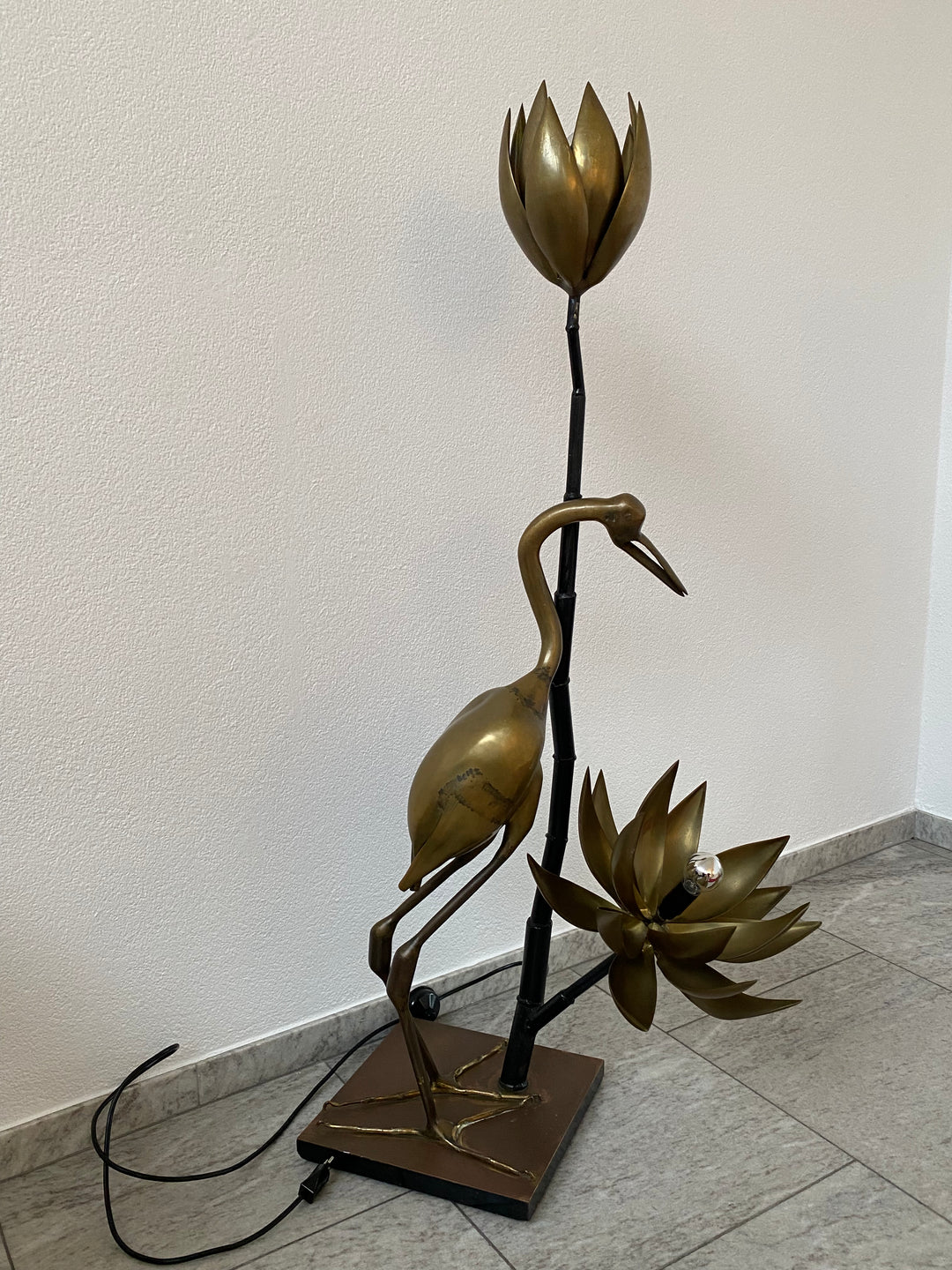 Maison Jansen Brass Crane Floor Lamp with Lotus Flower Lights