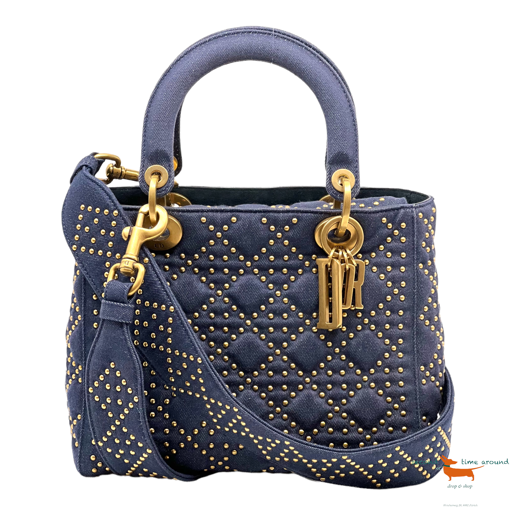 Christian Dior Denim Cannage Studded Medium Supple Lady Dior Bag
