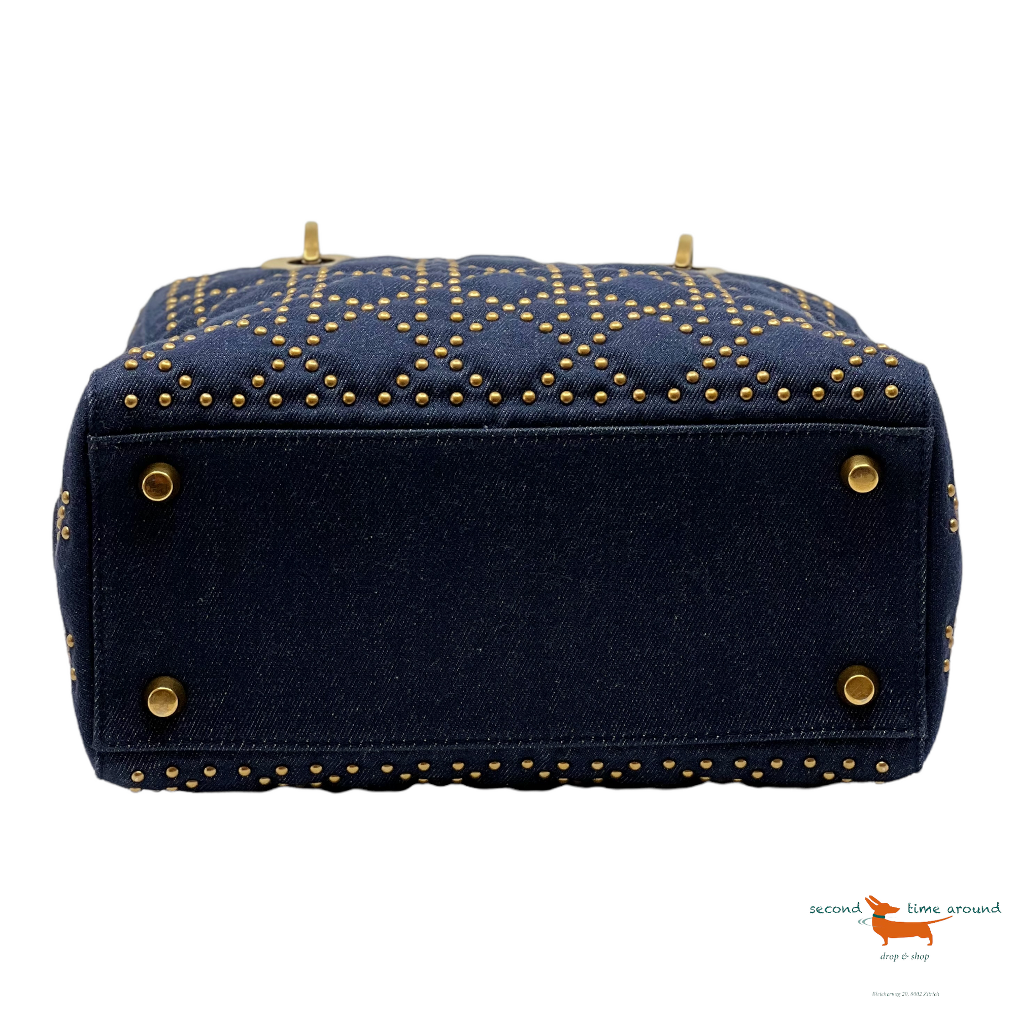 Christian Dior Denim Cannage Studded Medium Supple Lady Dior Bag