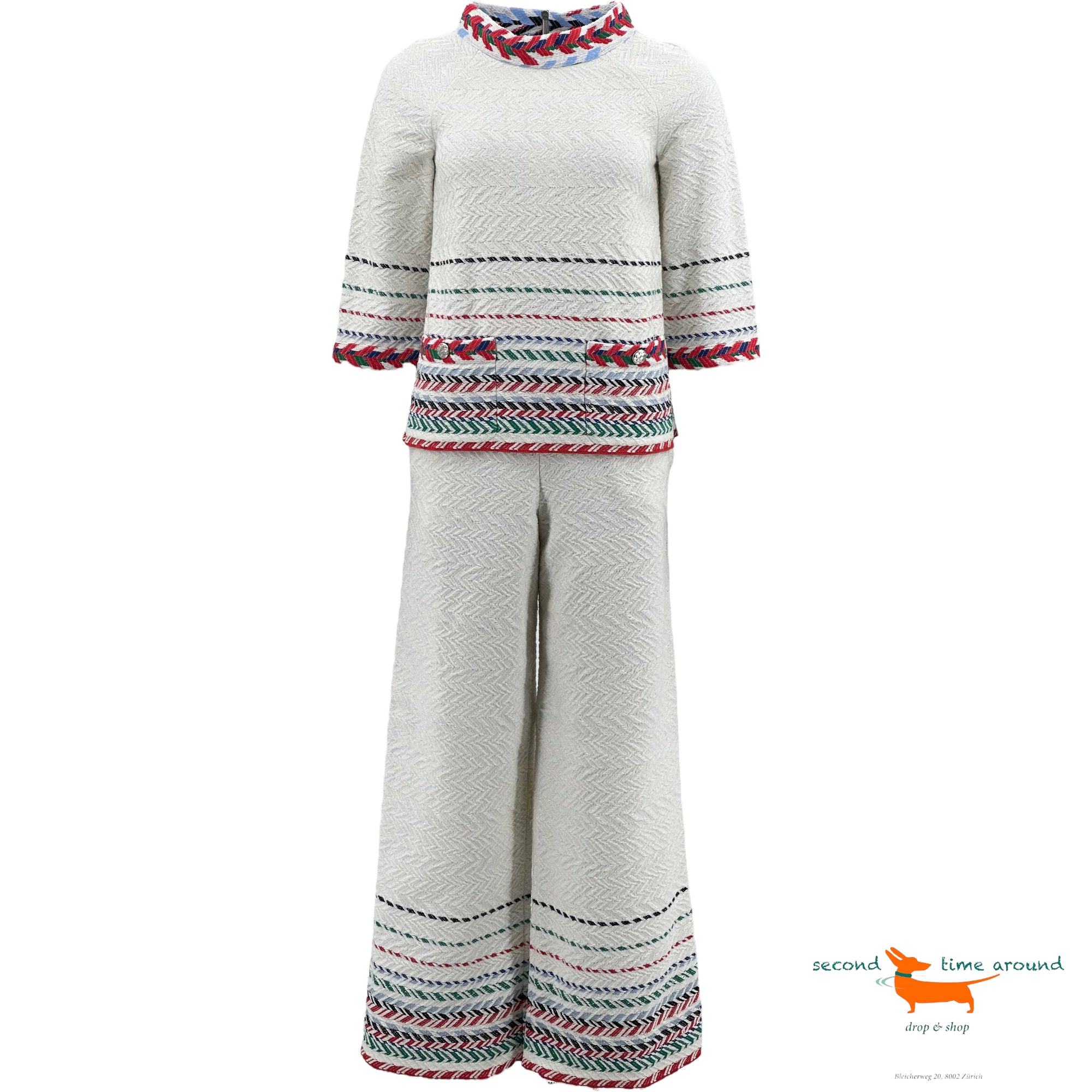 Chanel Cotton Chevron Embroidered Large Pants 2 Pieces