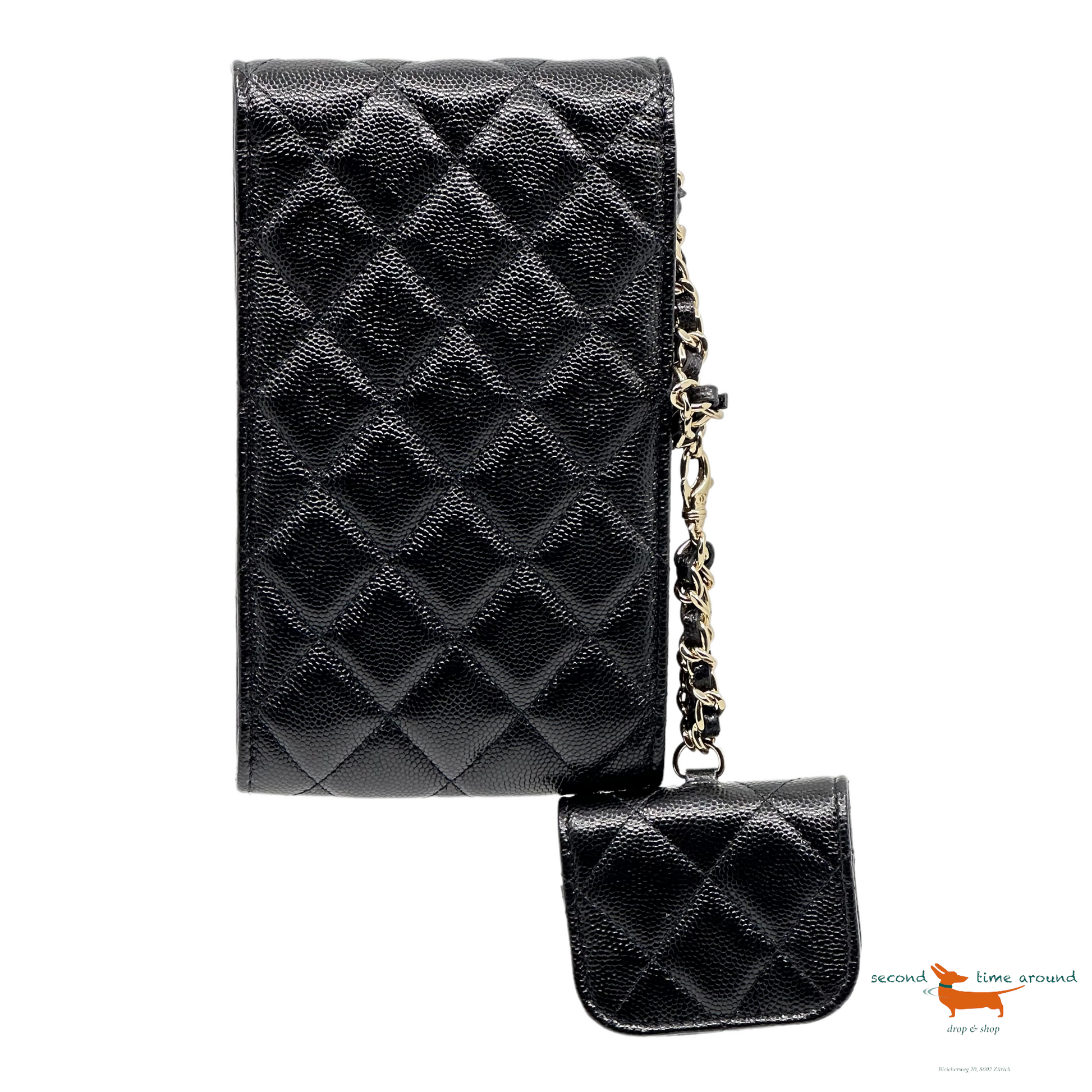 Chanel Caviar Quilted Crystal CC Airpods Pro and Phone Case With Chain –  Second Time Around