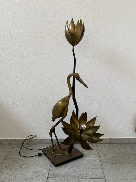 Maison Jansen Brass Crane Floor Lamp with Lotus Flower Lights