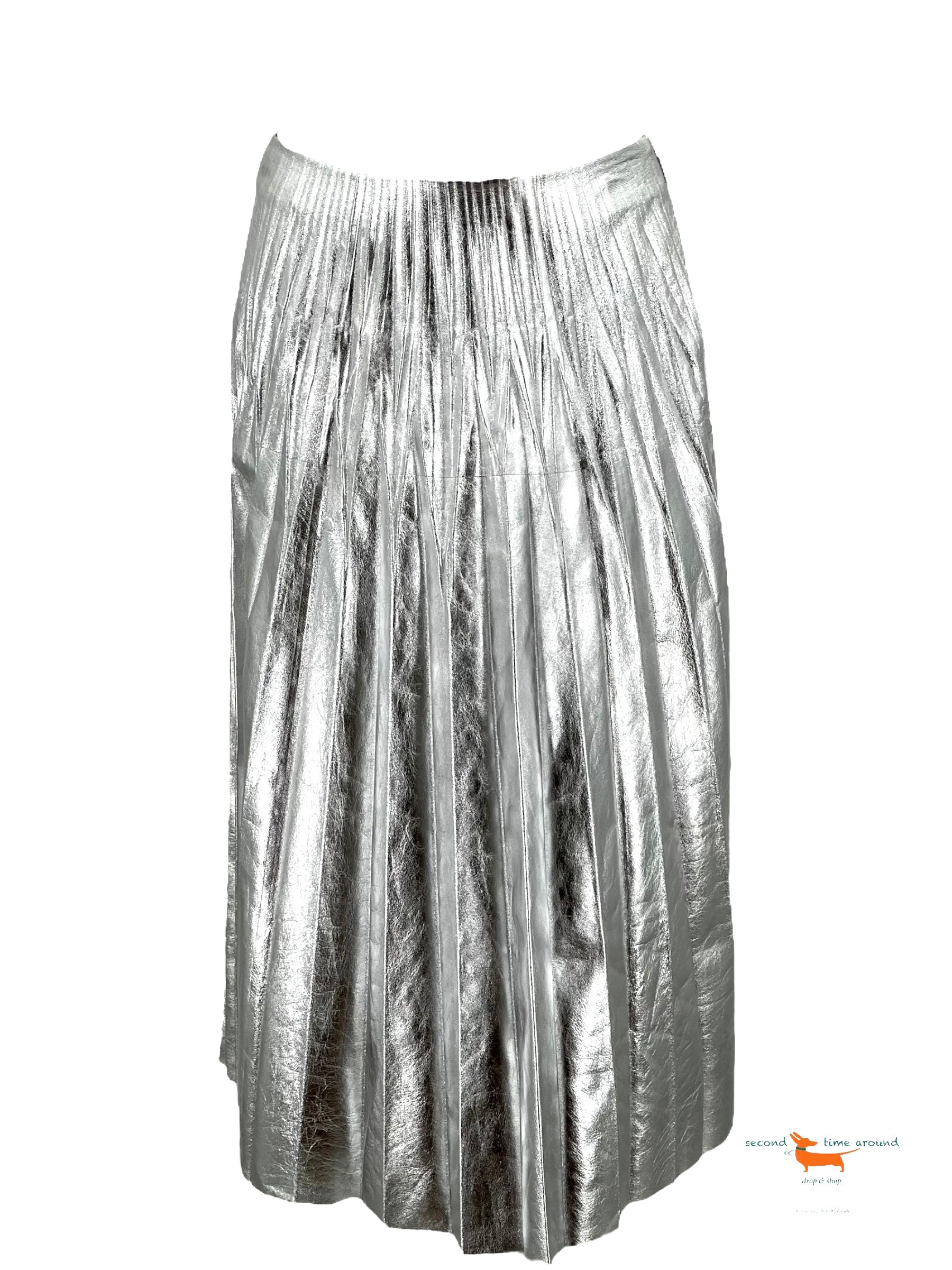 Gucci Silver Metallic Plisse Leather Pleated Midi Skirt