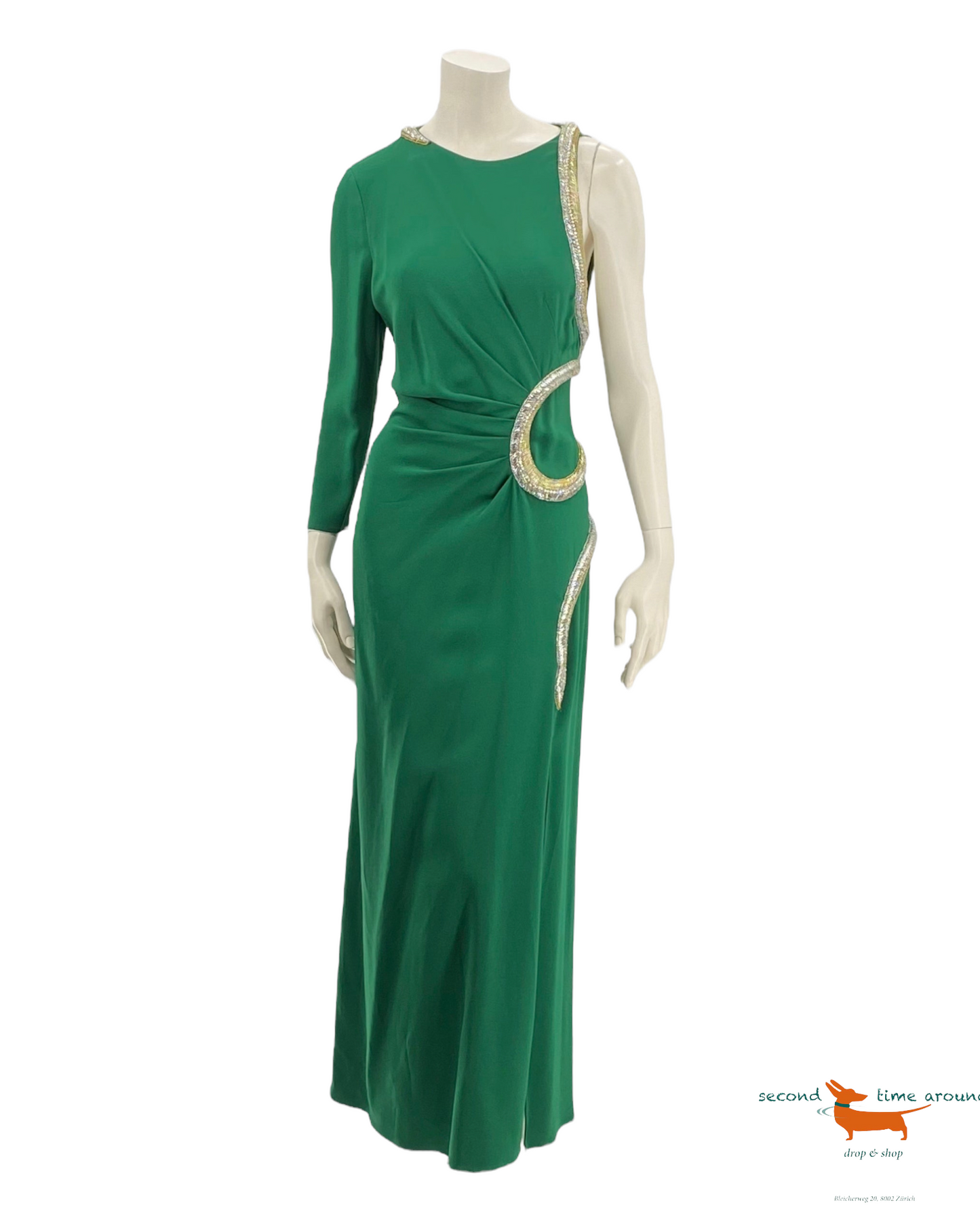 Roberto Cavalli Snake-Embellished One-Sleeve Gown
