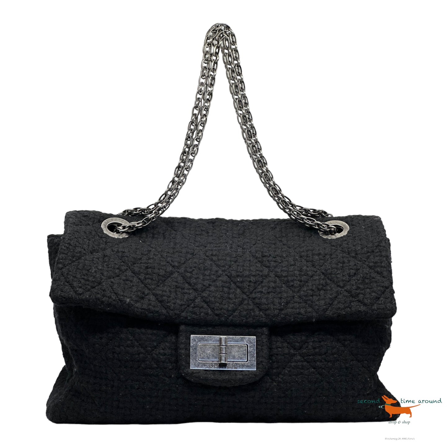 Chanel 2.55 large shoulder bag in black Tweed