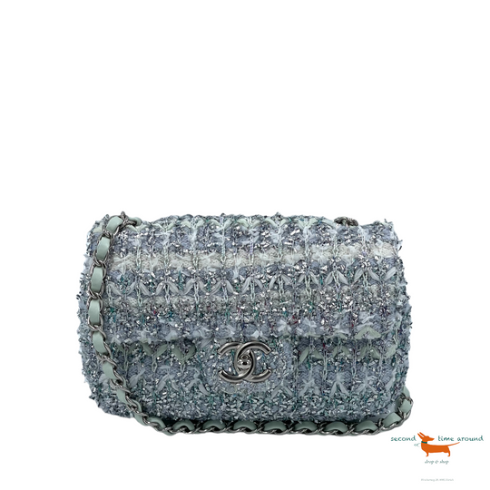 Chanel Classic Flap  Single Quilted and Ribbon Mini Blue Green Silver Tweed Cross Body Bag