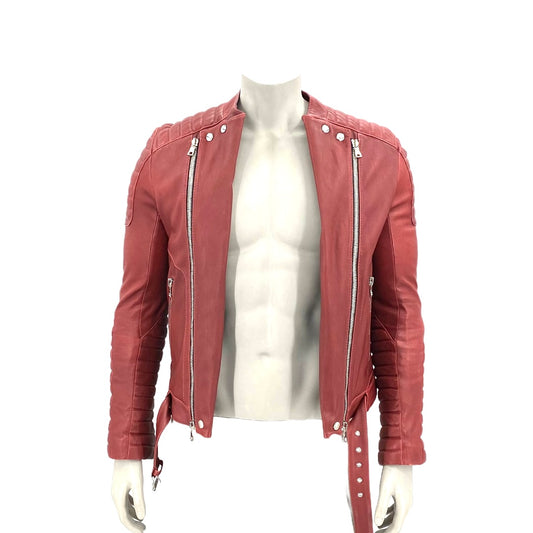 Balmain Red Leather Biker Jacket