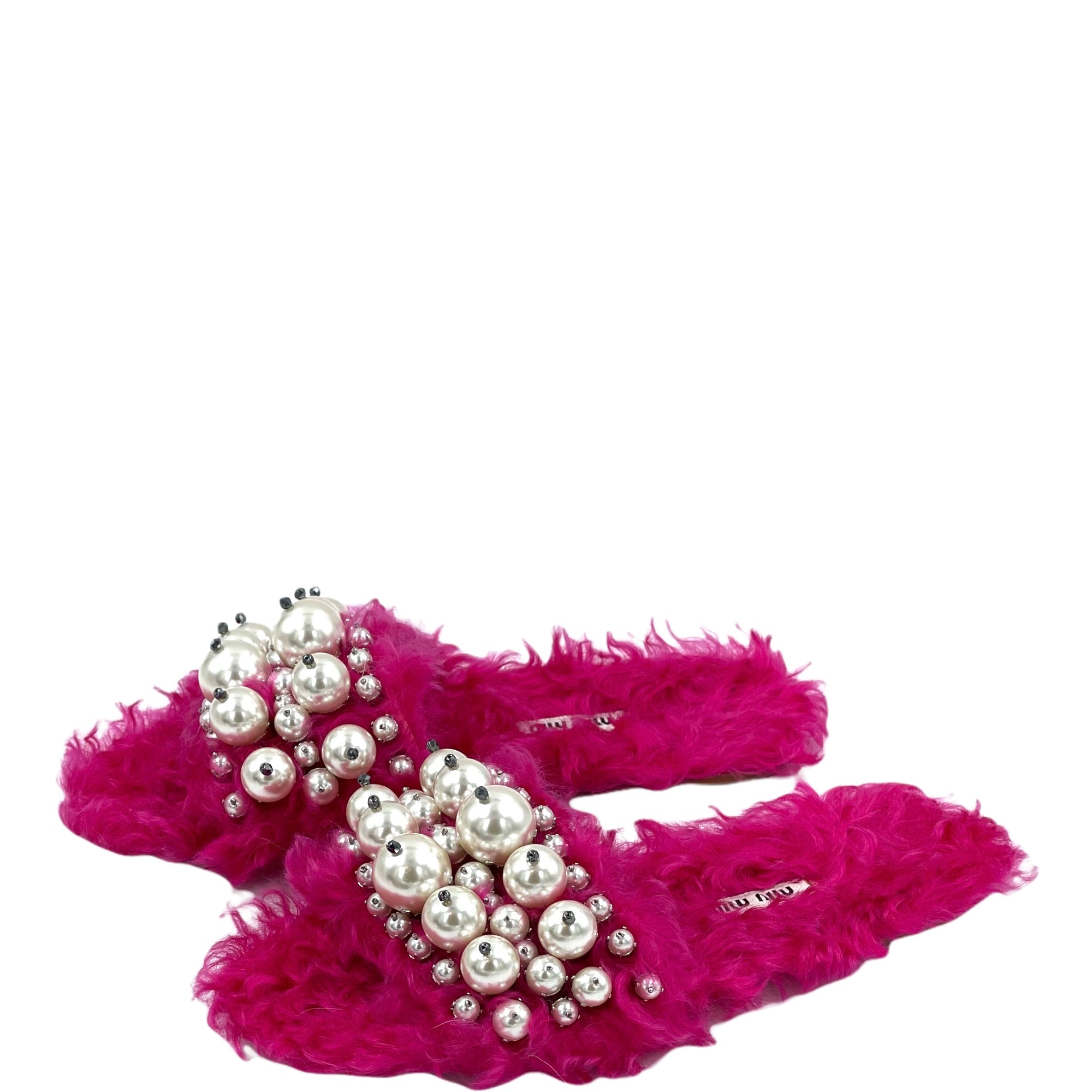 Miu Miu Pink Faux Pearl Embellished Fur Slide Sandals