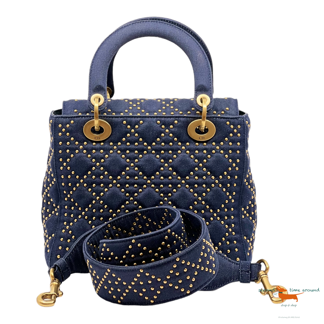 Christian Dior Denim Cannage Studded Medieum Supple Lady Dior Bag