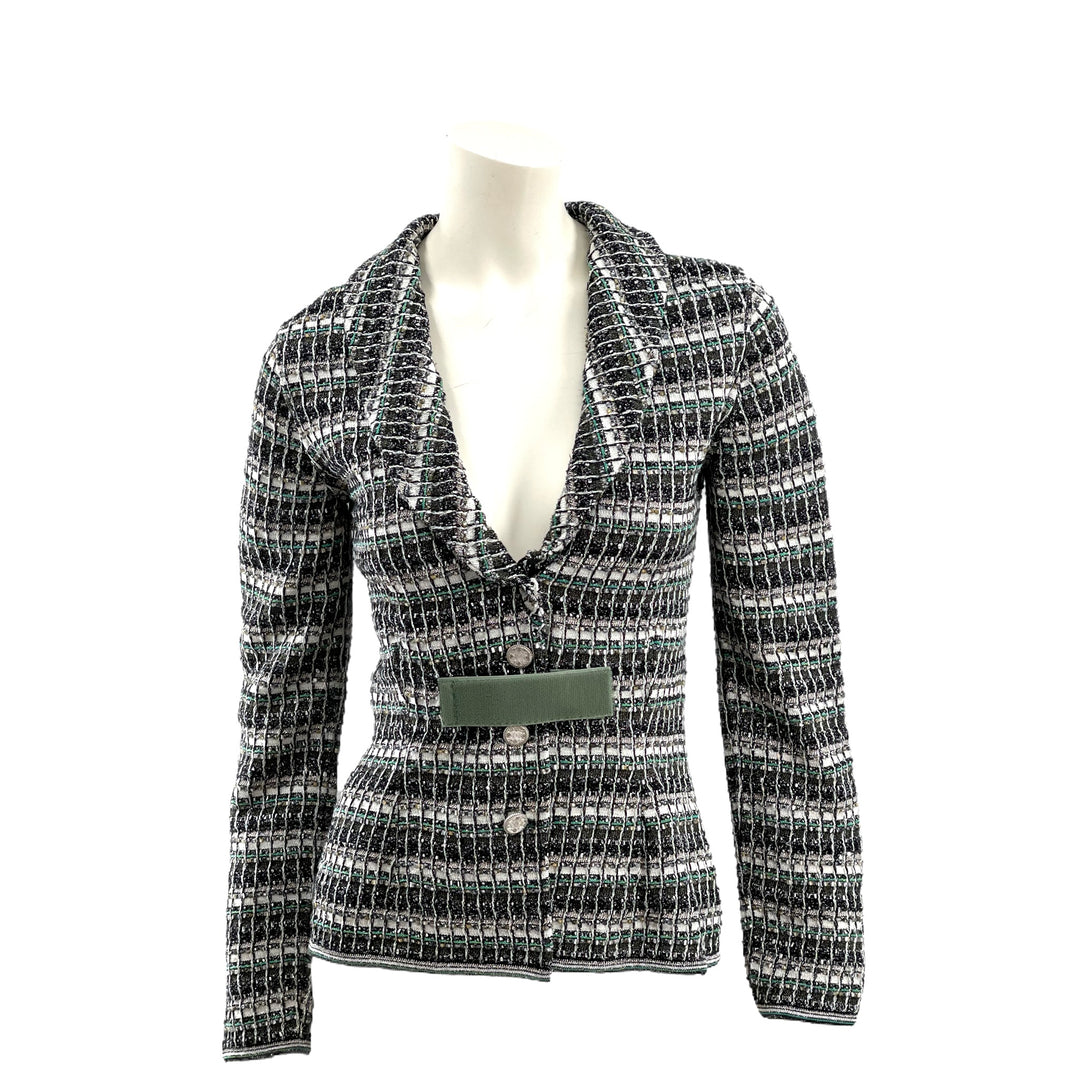 Chanel Monochrome Silk Blend Crystal Embellished Plunge Back Tweed Blazer