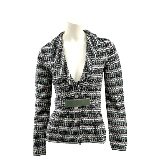 Chanel Monochrome Silk Blend Crystal Embellished Plunge Back Tweed Blazer