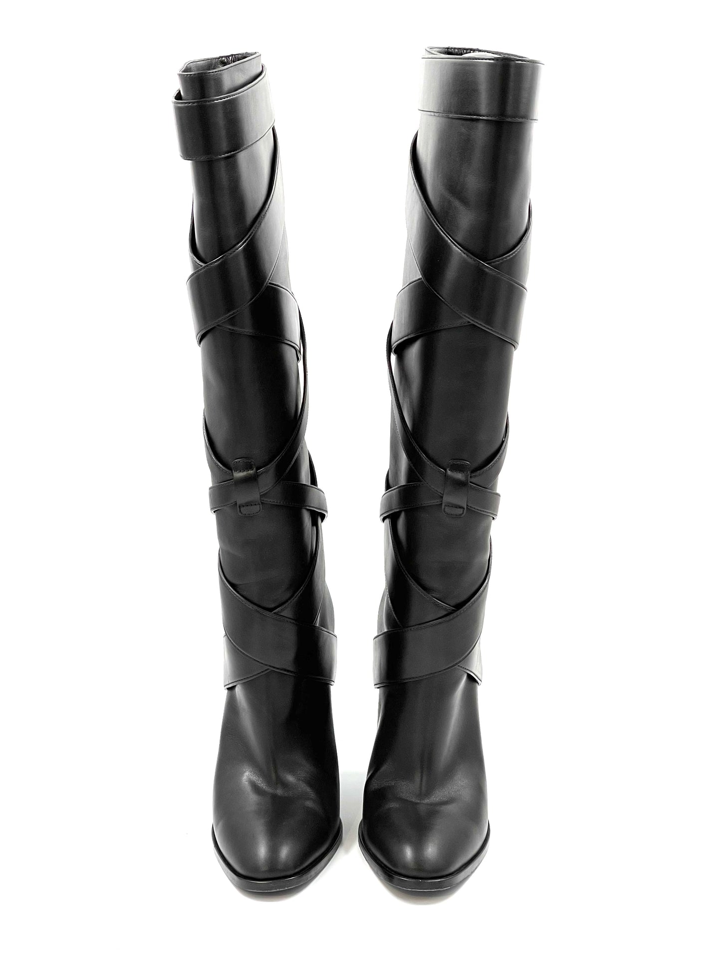 Saint Laurent Black Hunter Leather High Strap  Heeled Boots
