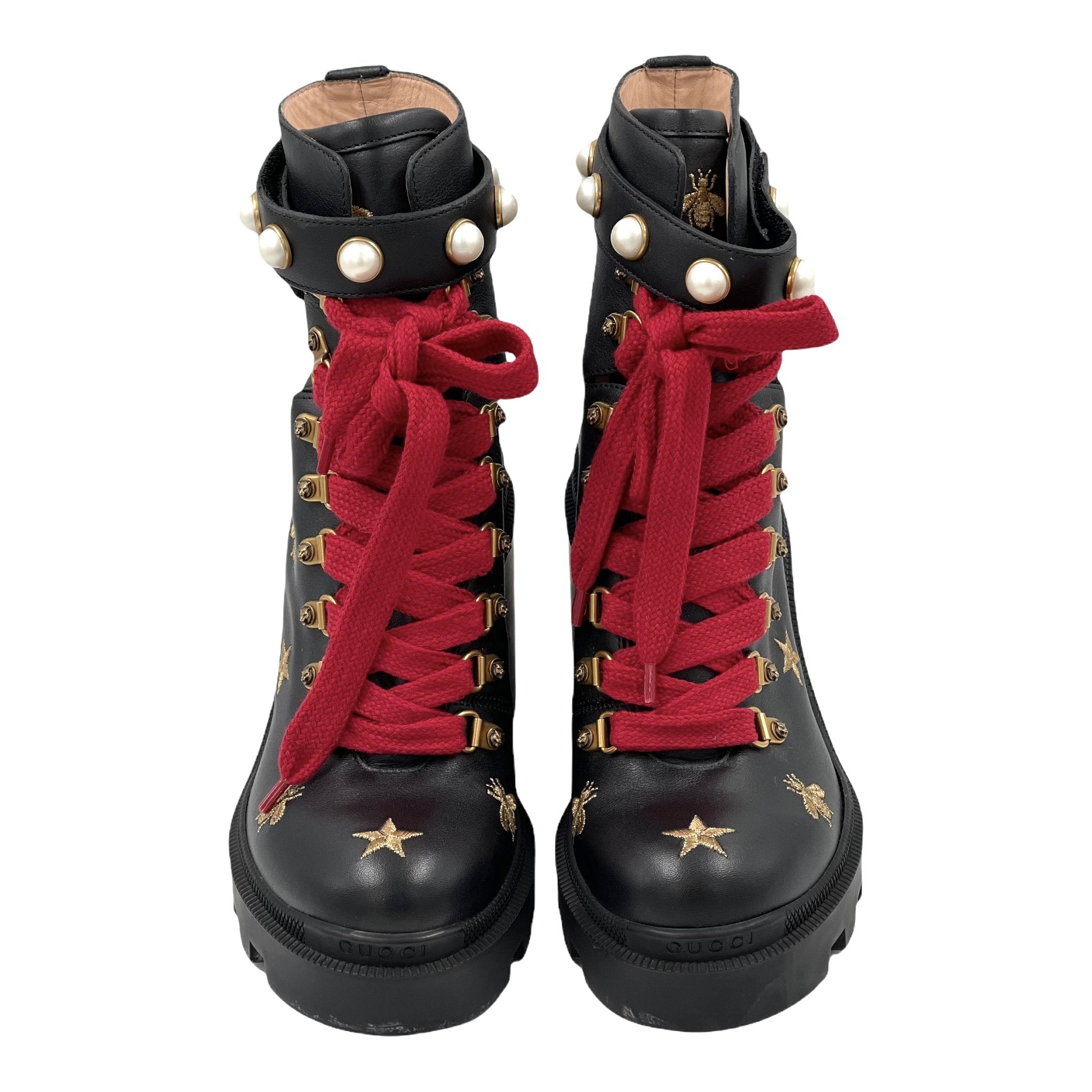 Gucci Calfskin Embroidered Lace Up Combat Ankle Boots