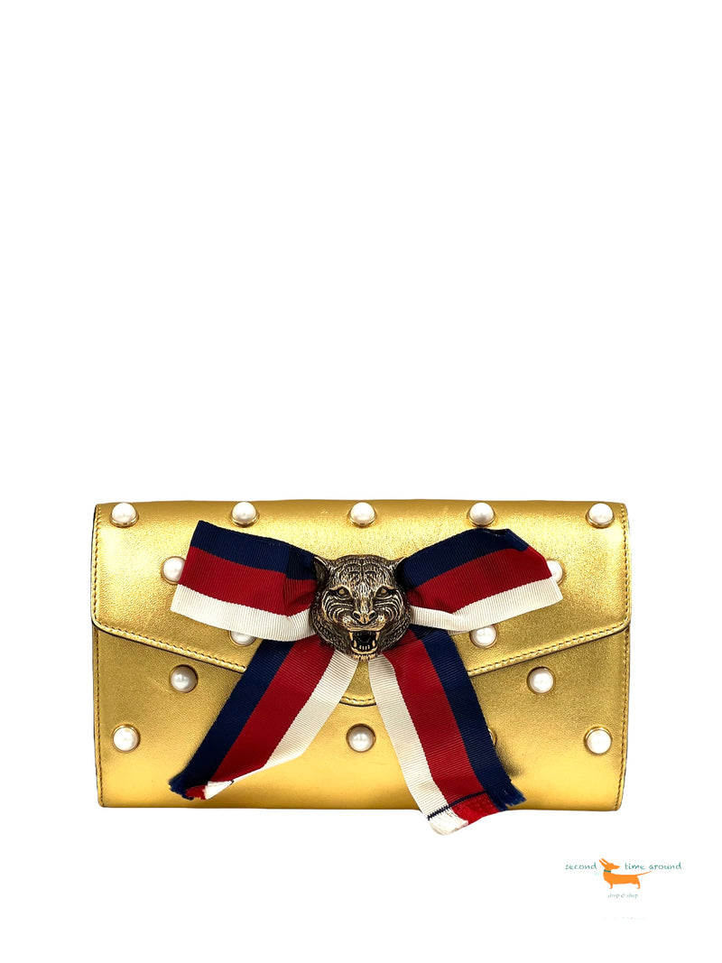 Gucci Broadway Clutch aus Leder in Metallic-Optik mit Kunstperlenverzierung