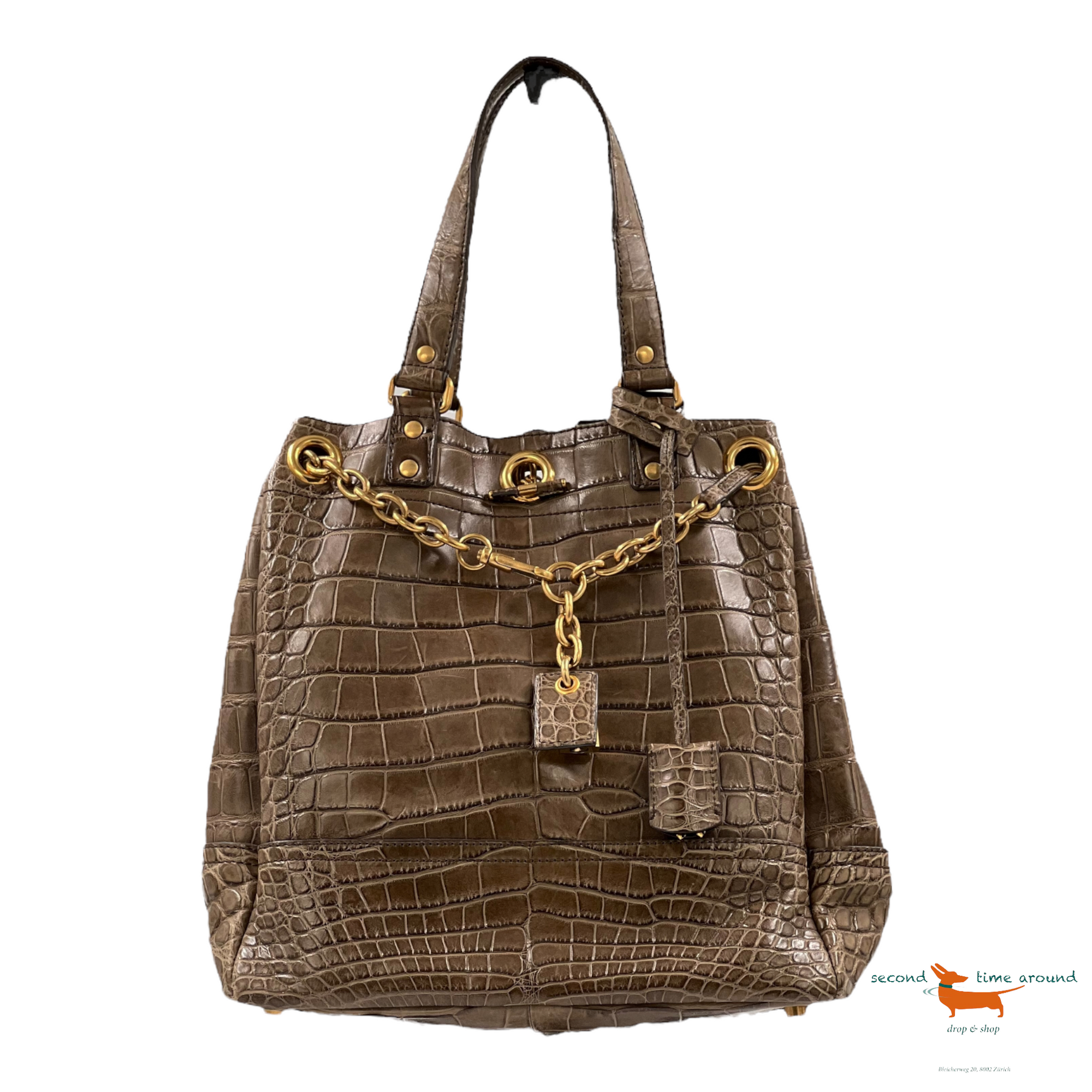 Yves Saint Laurent Green Crocodile Embossed Suede Overseas Tote Bag