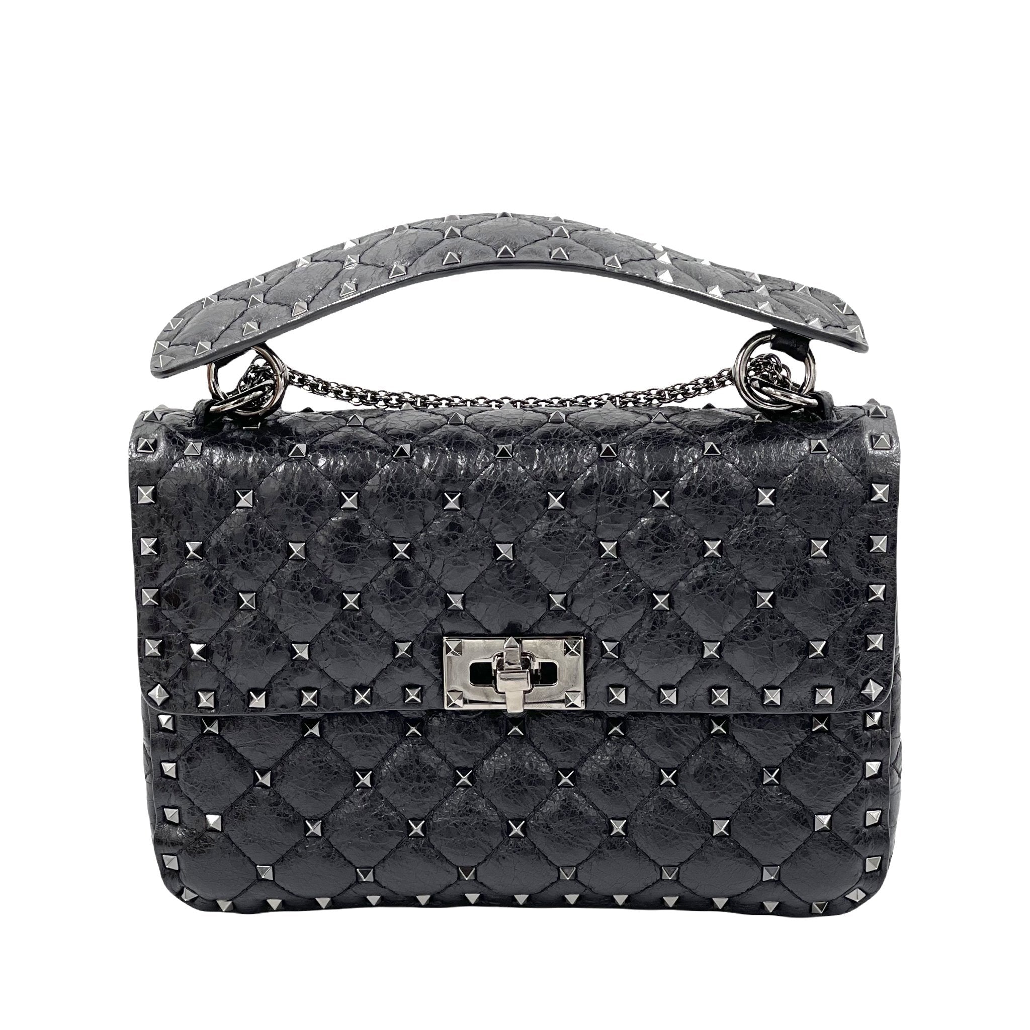 Valentino Craquele Nappa Medium Rockstud Spike Shoulder Bag Black