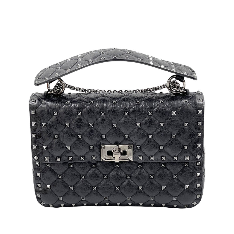 Valentino Craquele Nappa Medium Rockstud Spike Shoulder Bag Black