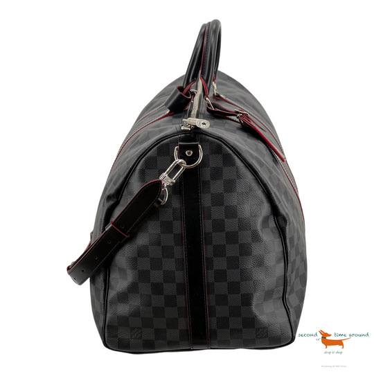 Louis Vuitton Keepall Bandouliere 55 Damier Graphite Rouge Limited Edition Black Leather Cross Body Bag