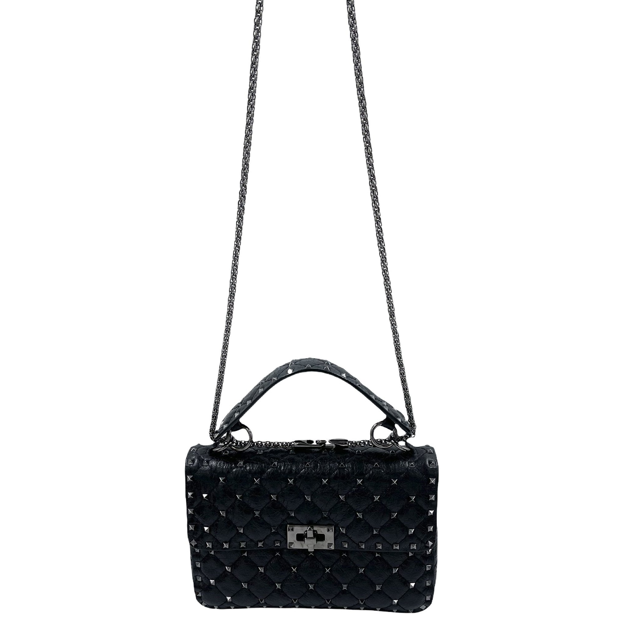 Valentino Craquele Nappa Medium Rockstud Spike Shoulder Bag Black