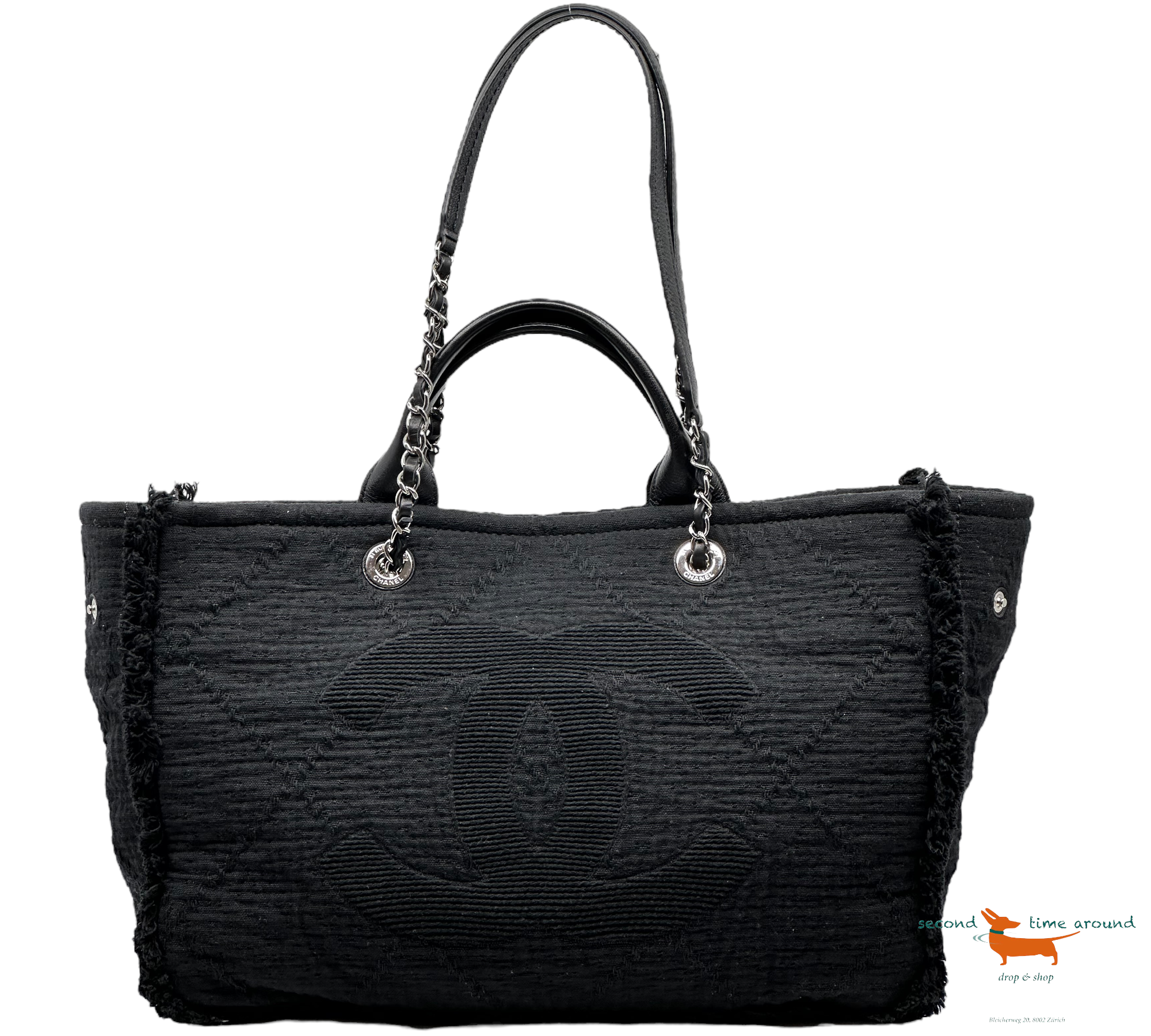 Chanel Double Face Deauville Tote Fransen Gestepptes Segeltuch Medium Bag