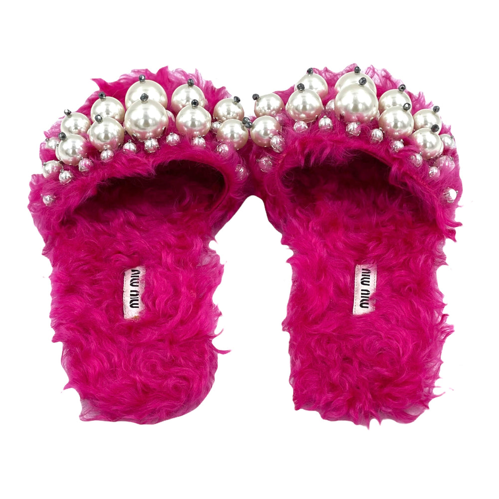 Miu Miu Pink Faux Pearl Embellished Fur Slide Sandals
