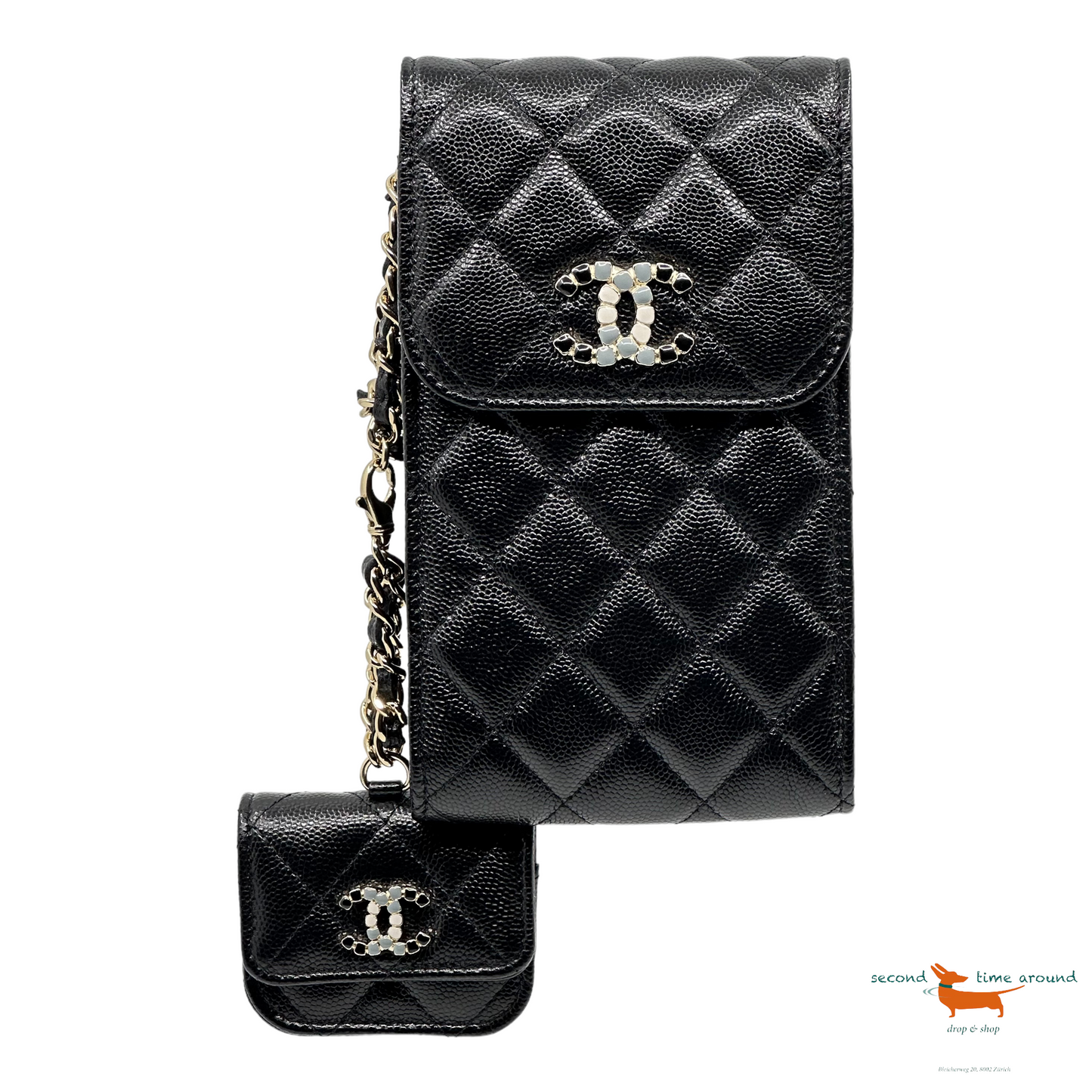 Chanel Caviar Quilted Crystal CC Airpods Pro and Phone Case With Chain Black