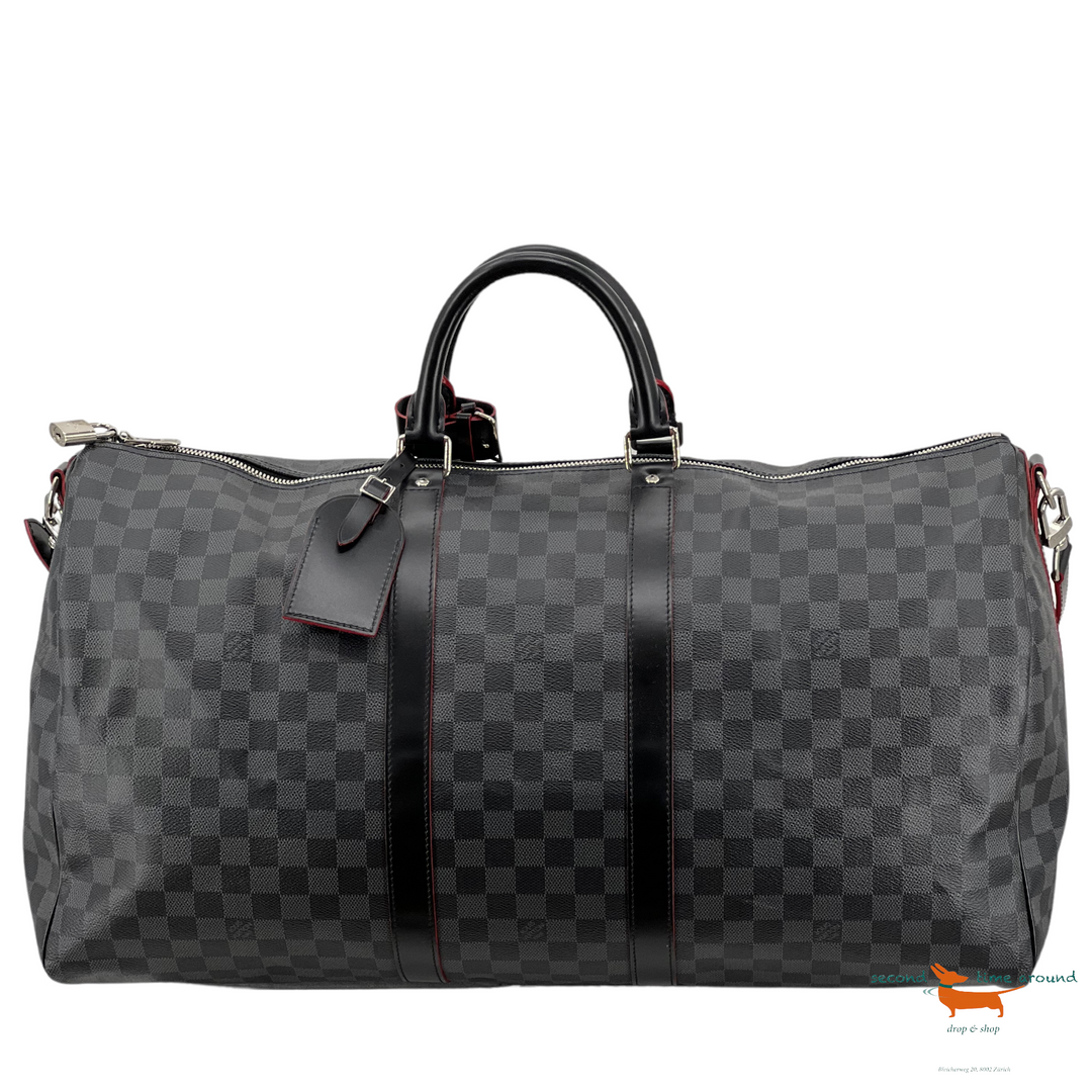 Louis Vuitton Keepall Bandouliere 55 Damier Graphite Rouge Limited Edition Black Leather Cross Body Bag