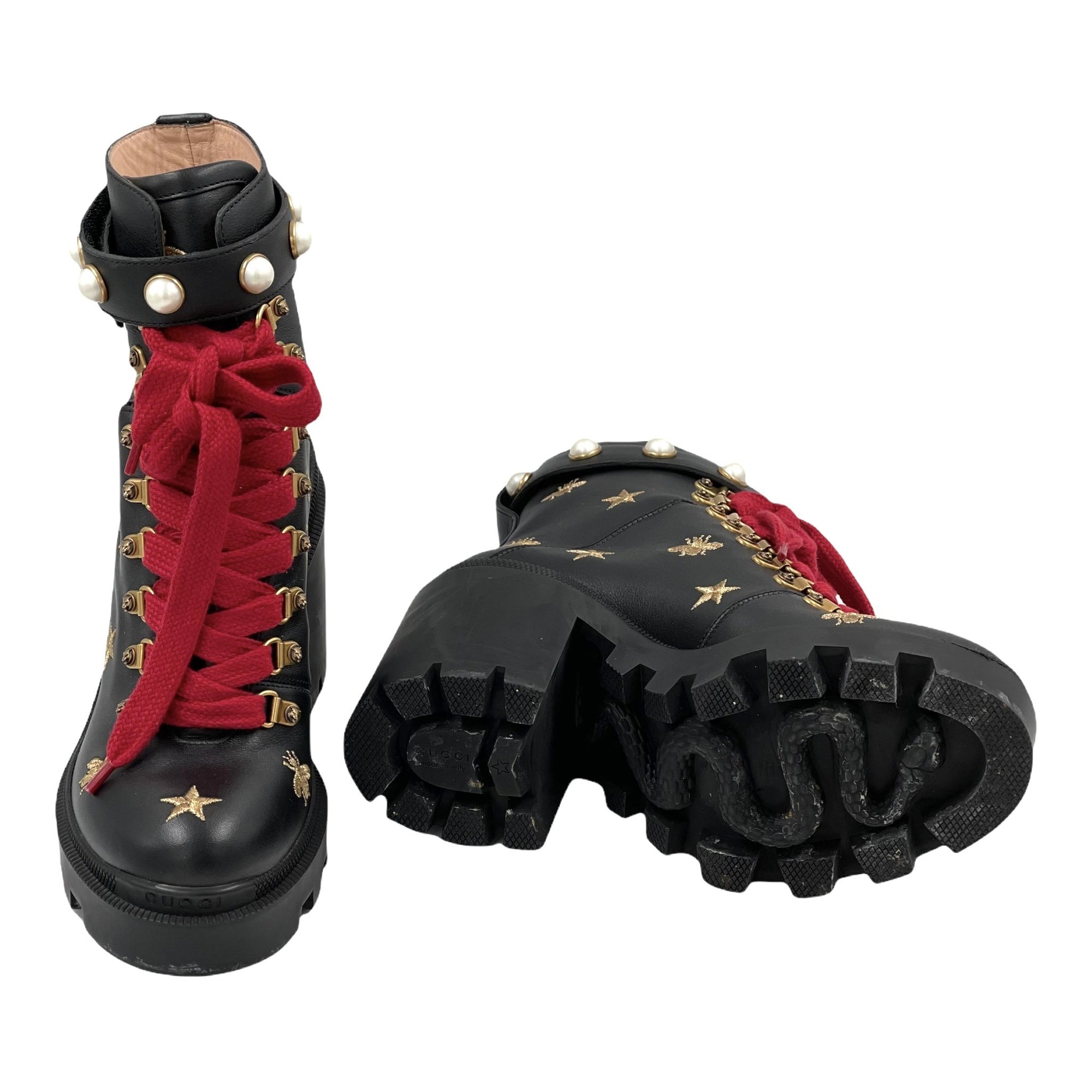 Gucci Calfskin Embroidered Lace Up Combat Ankle Boots