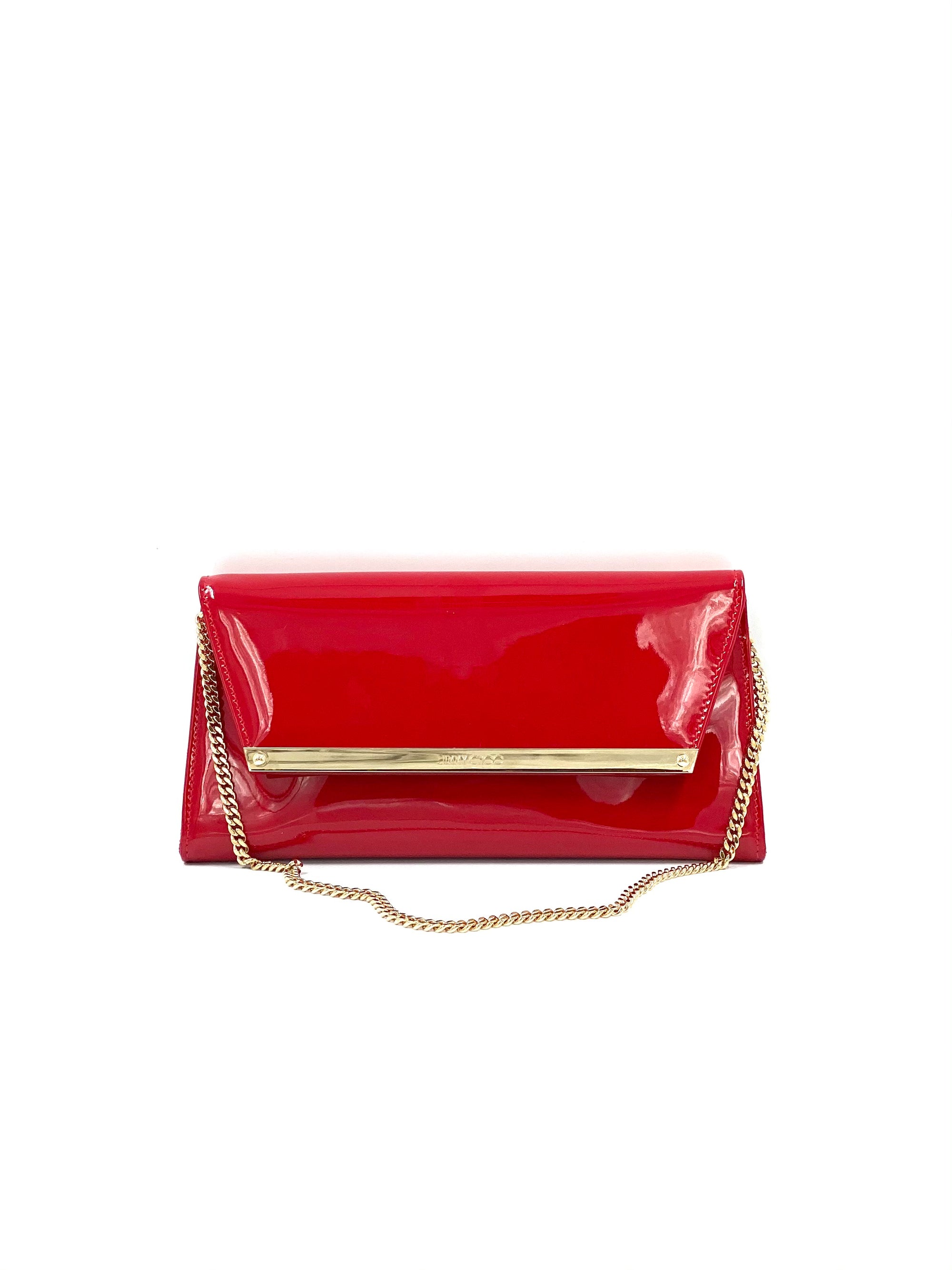 Jimmy Choo Margot Patent Leather Chain Clutch Red